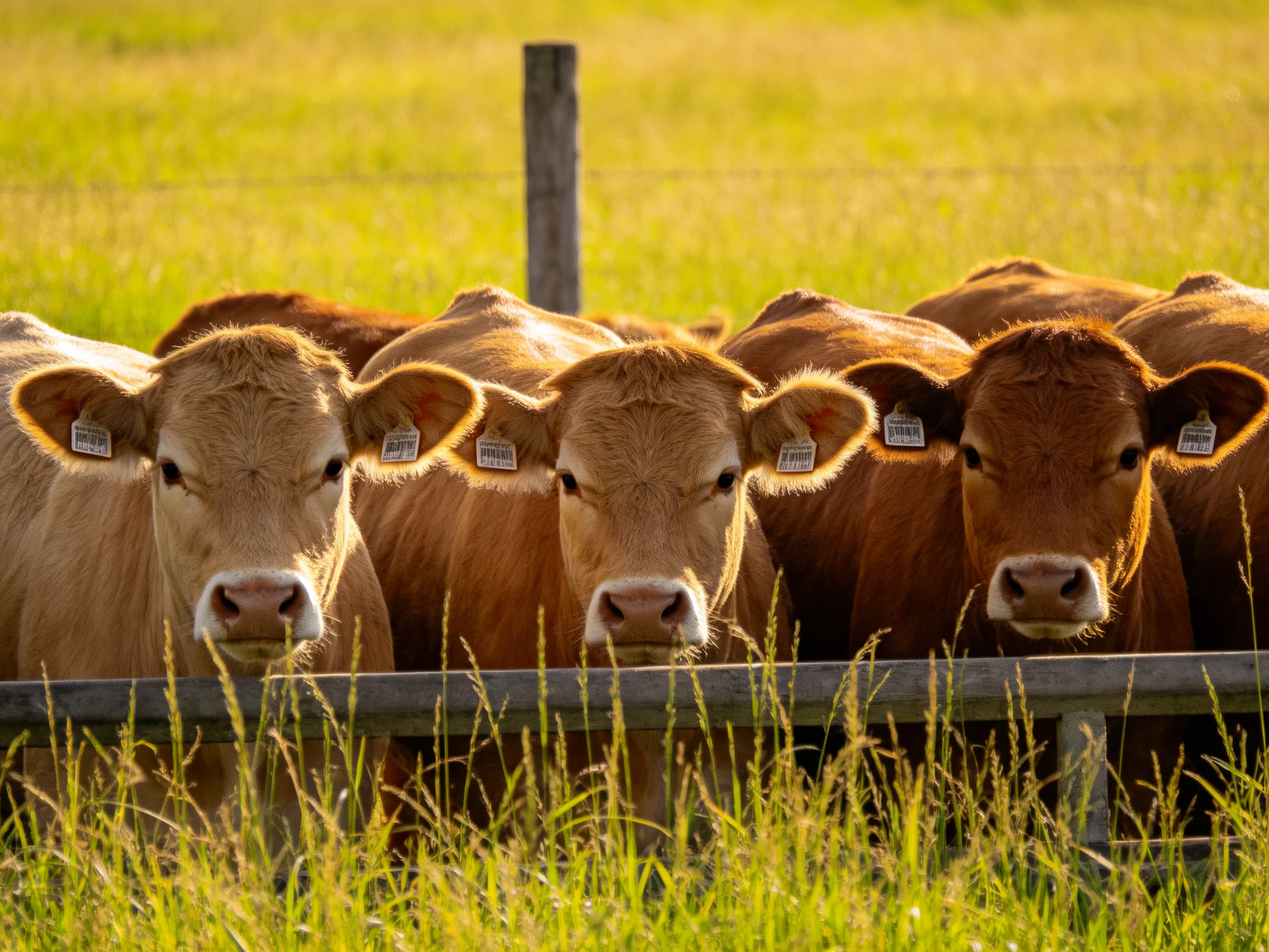 Five young cattle with ear tags gather near a fence in a sunlit pasture
