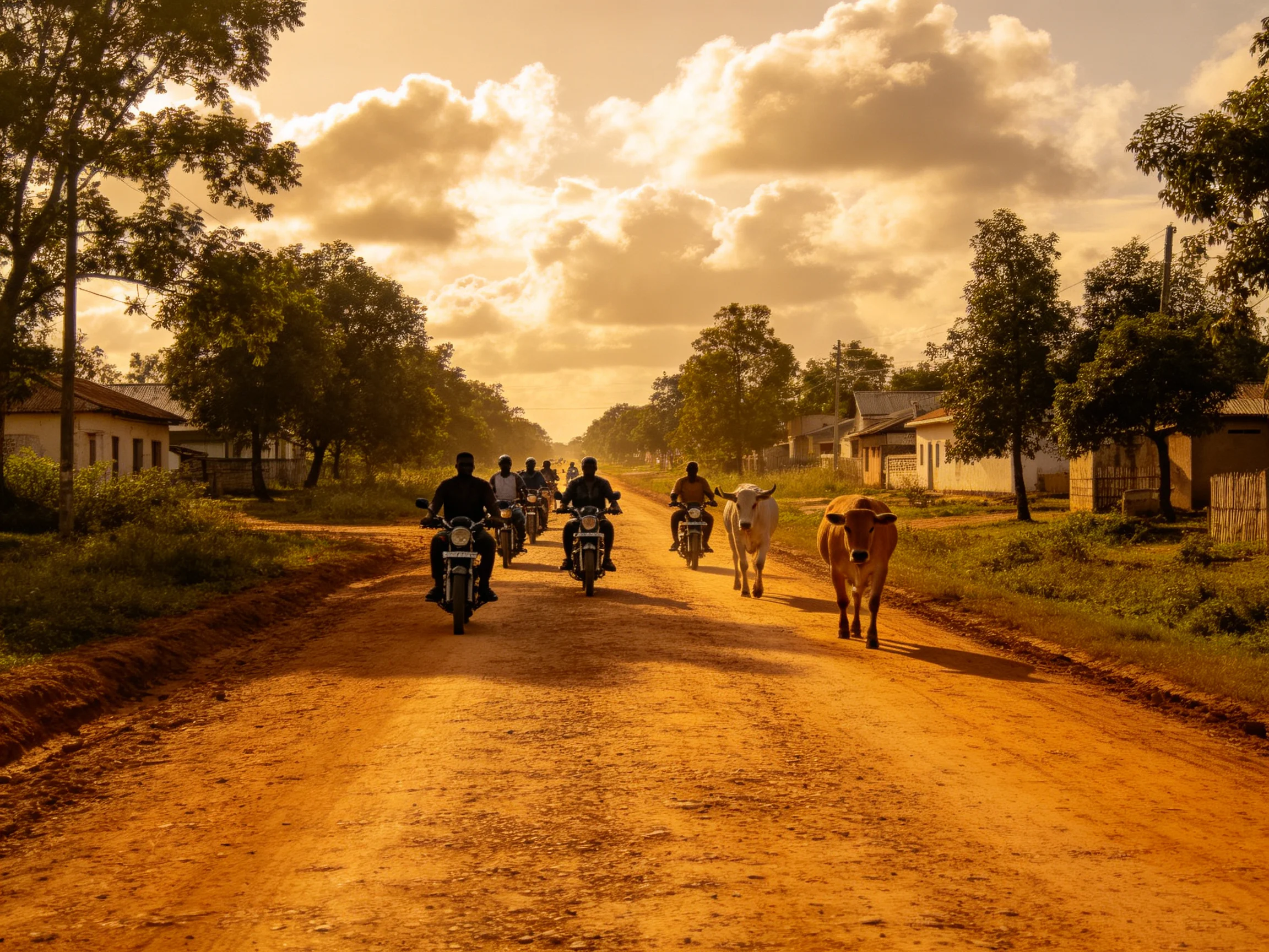 Fivemotorcyclists ride a golden dirt road with cattle