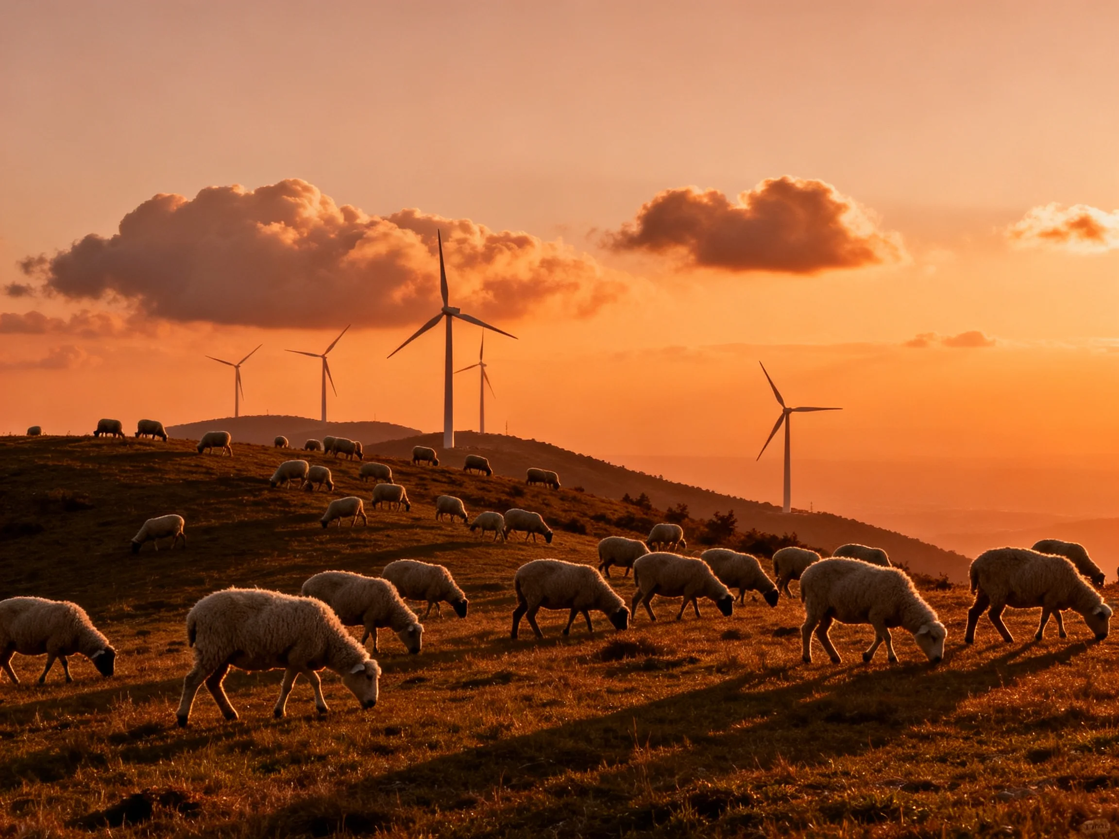 Flock of sheep graze on hilly terrain under golden sunset with wind turbines