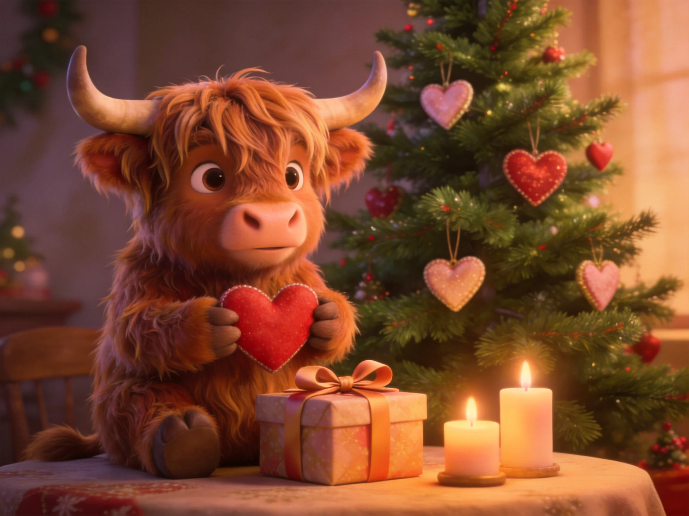 Fluffy brown bull holds red heart near decorated Christmas tree