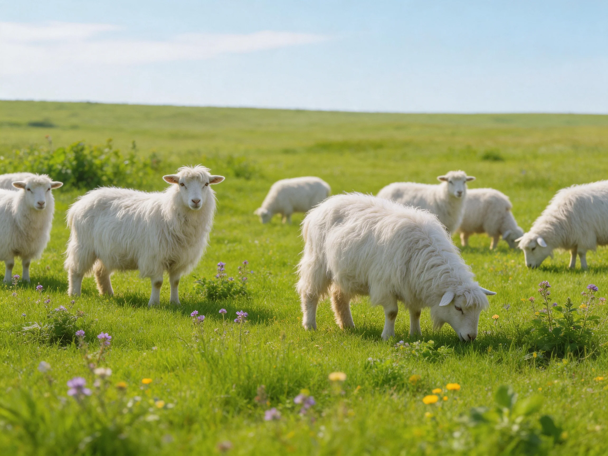 Fluffy white sheep graze on a vibrant green pasture with wildflowers