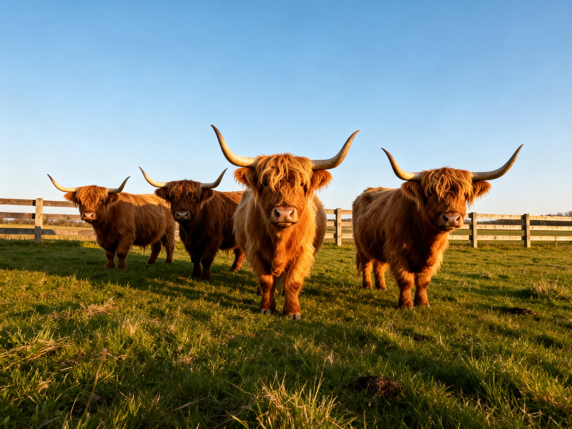 Four Highland cattle in a sunlit green pasture
