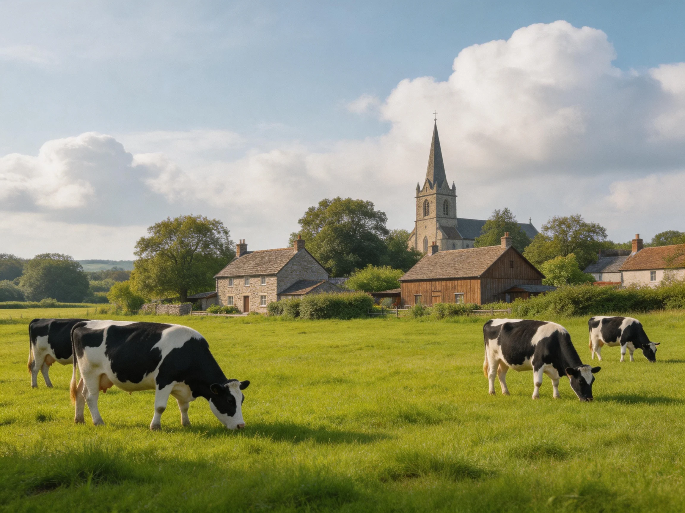 Four black-and-white cows graze in a lush green meadow near stone cottages