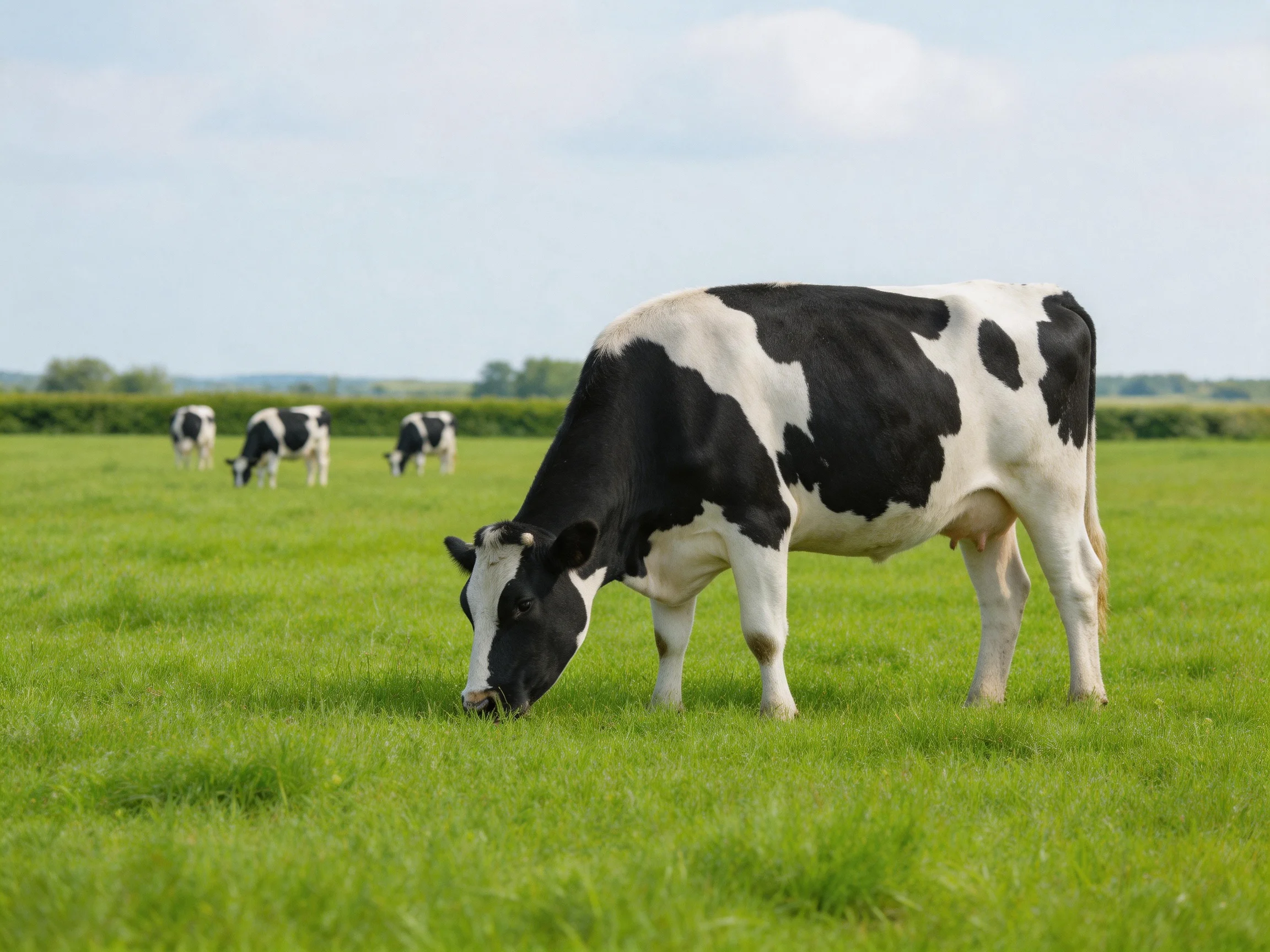 Four black and white cows graze in a lush green pasture
