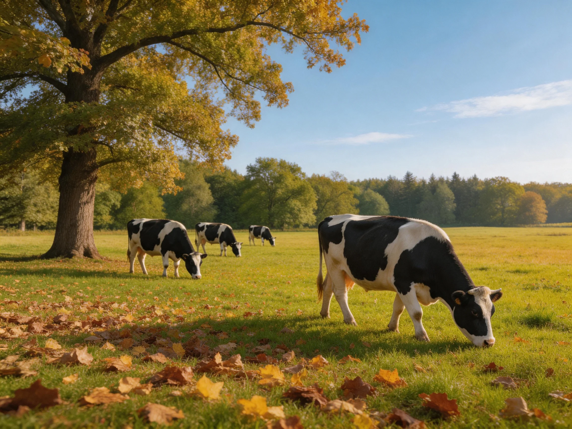 Four black-and-white cows graze in an autumnal green meadow near large trees