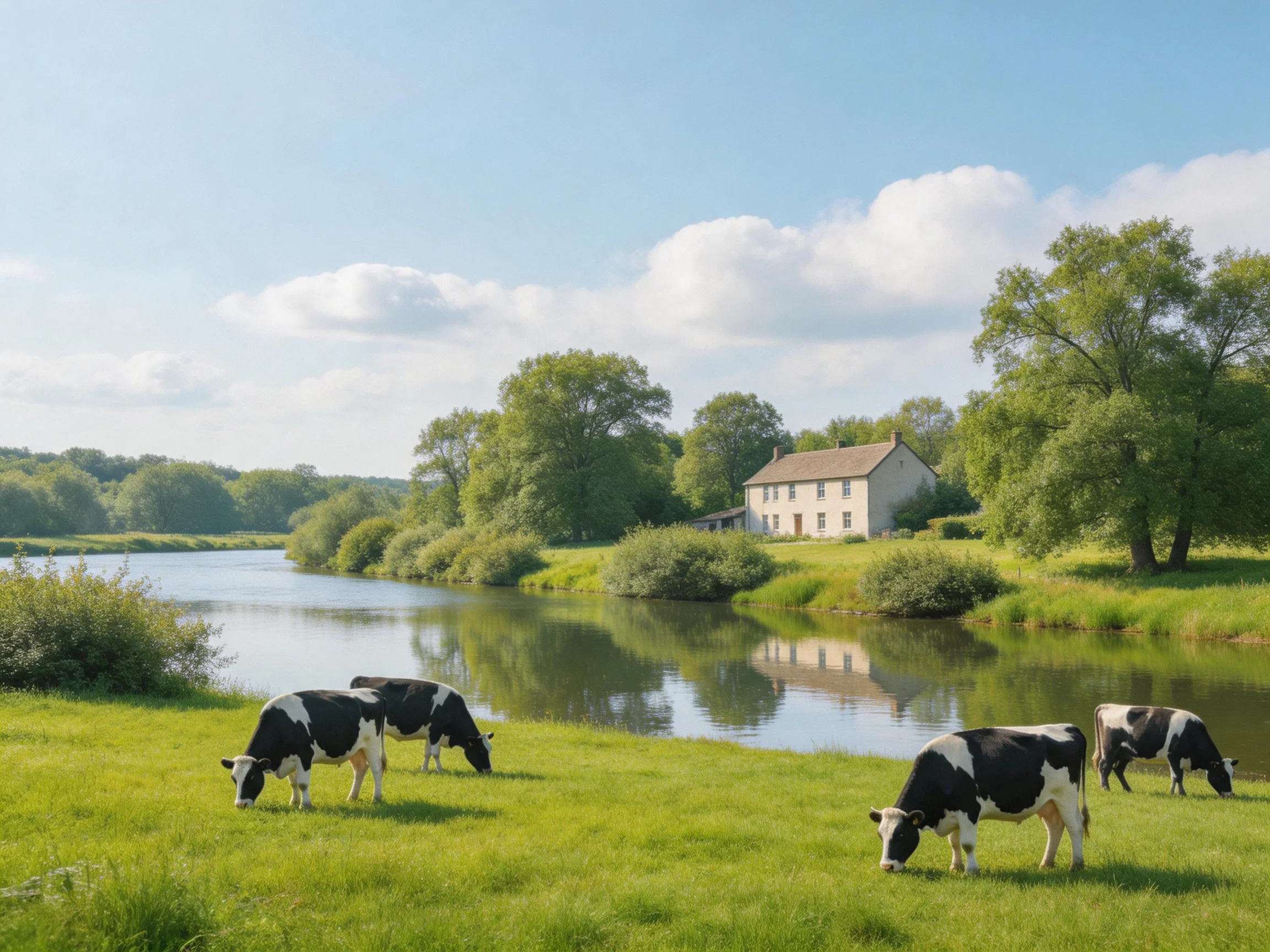 Four black-and-white cows graze near a calm river by a white farmhouse