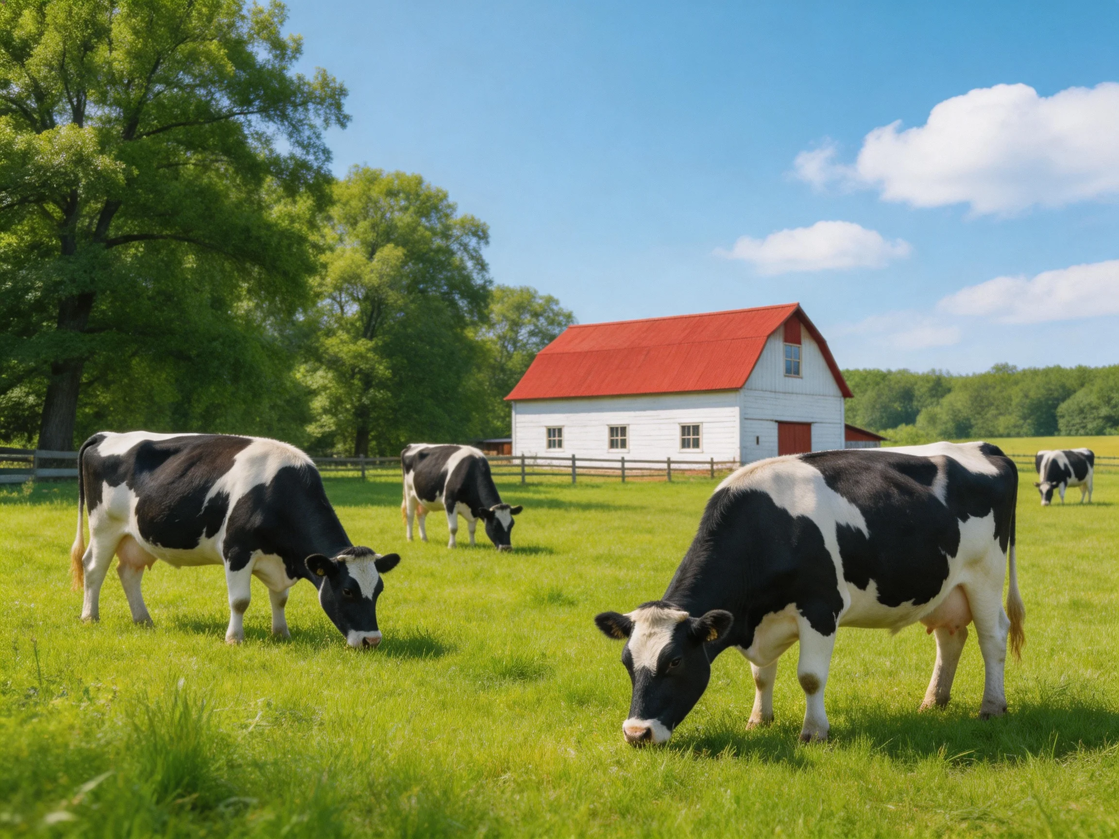 Four black-and-white cows graze near a white barn with a red roof