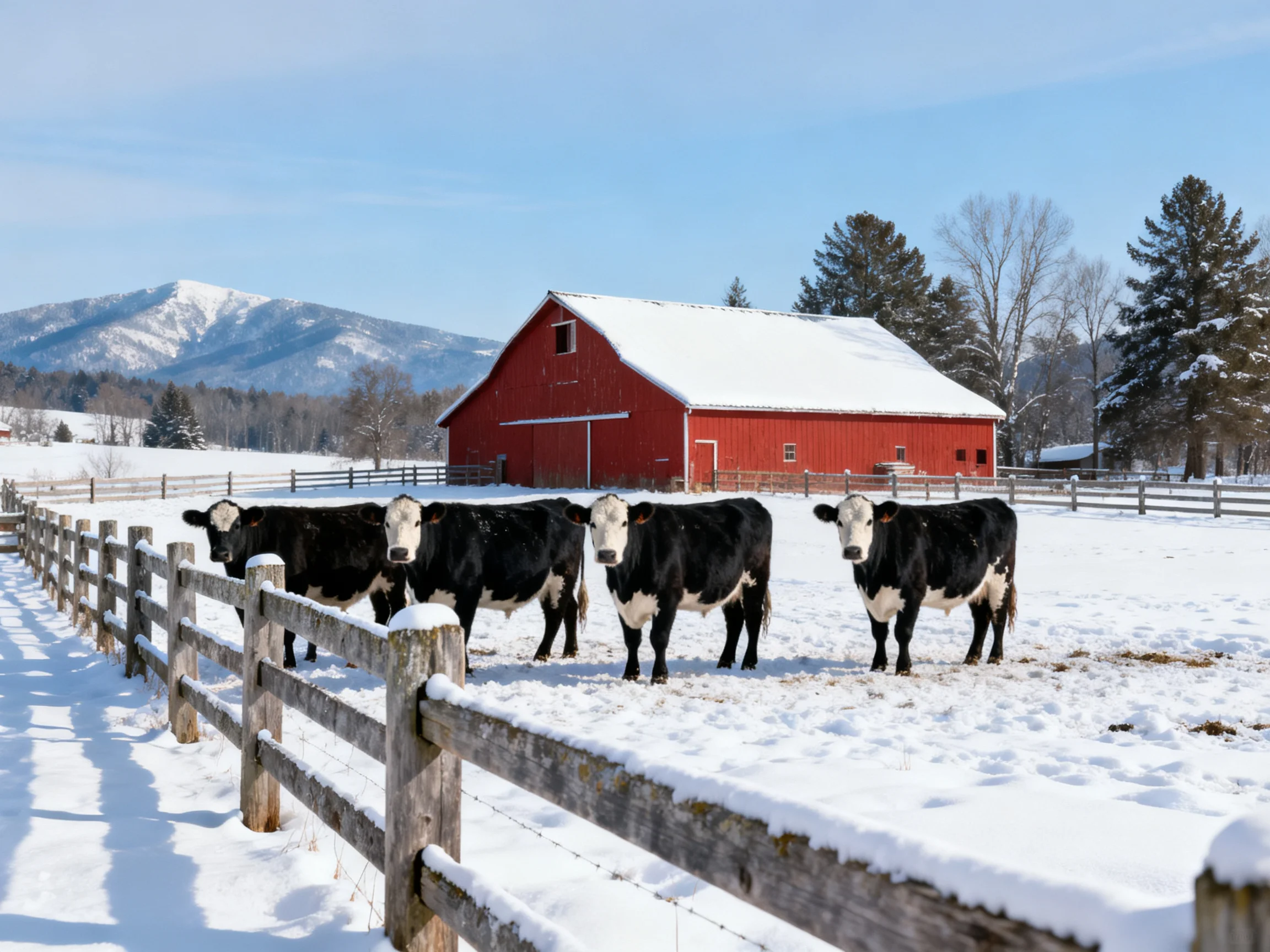 Four black-and-white cows near a red barn in a snowy farmyard