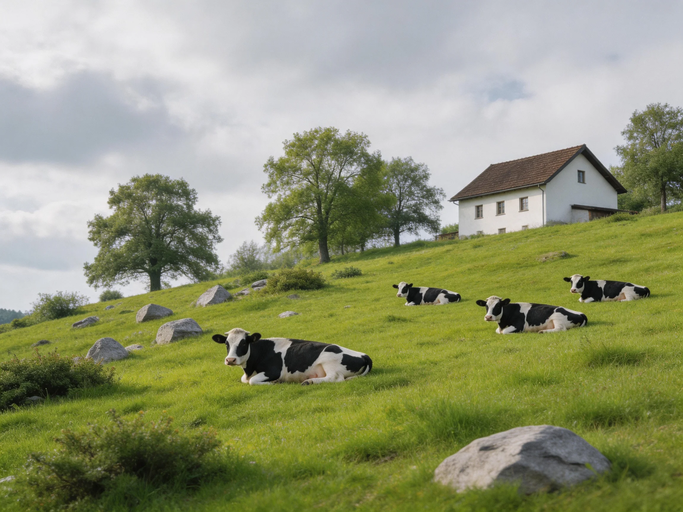 Four black-and-white cows relax on a grassy hillside beside a white house.