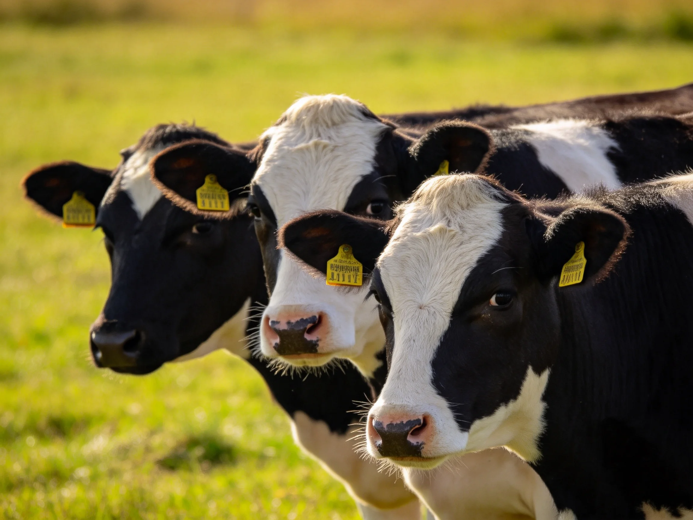 Four black and white dairy cows with yellow ear tags in a sunny field