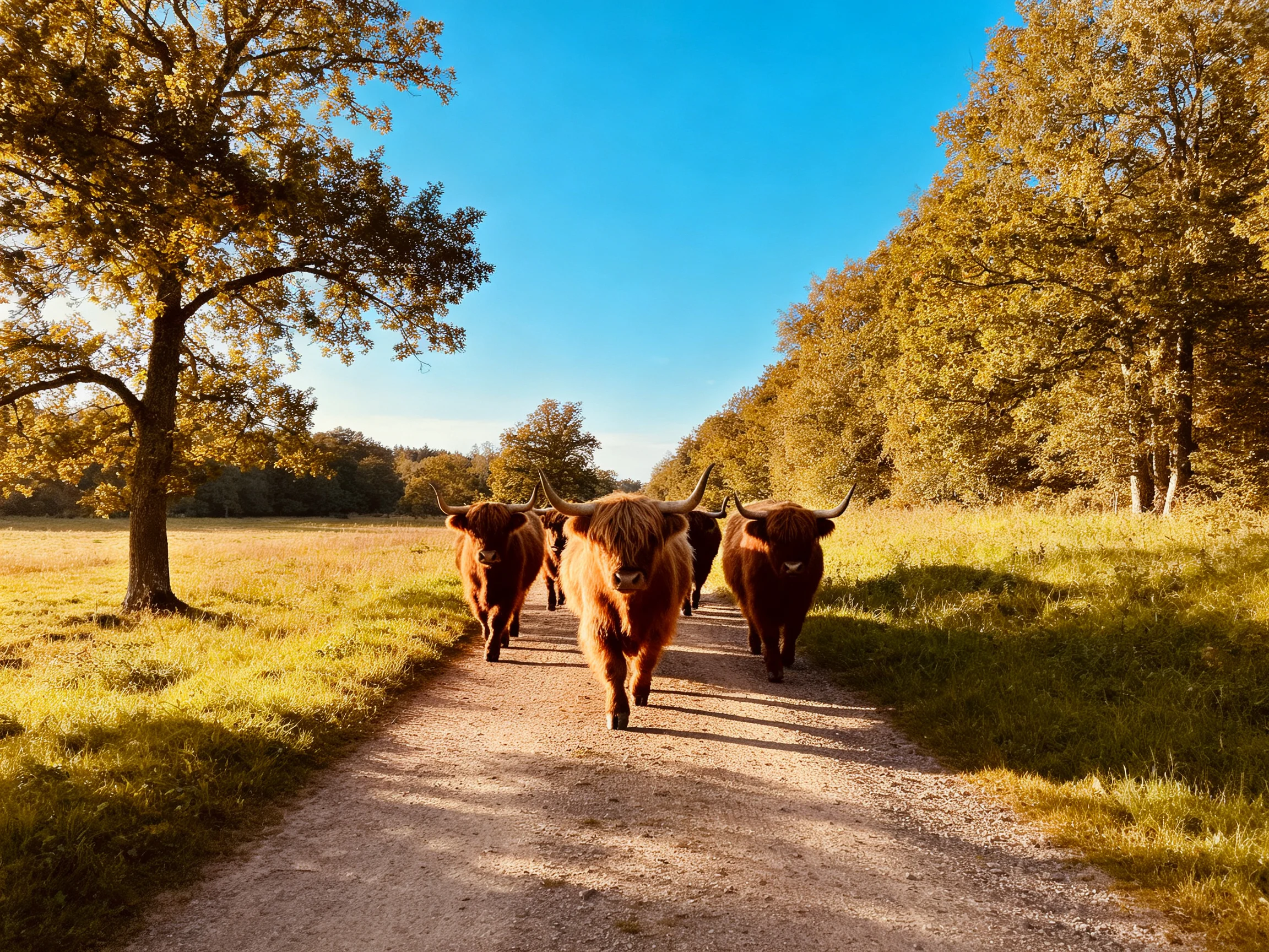 Four brown Highland cattle walk along a sunlit dirt path near golden trees