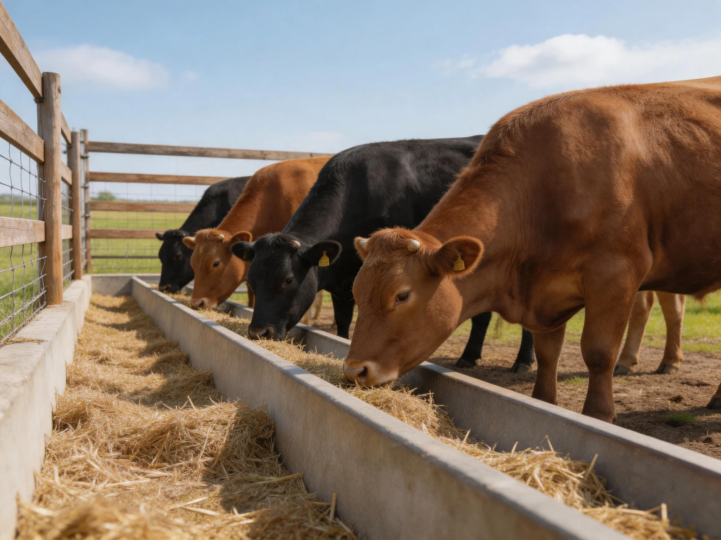 Four brown and black cows eat hay from a concrete trough