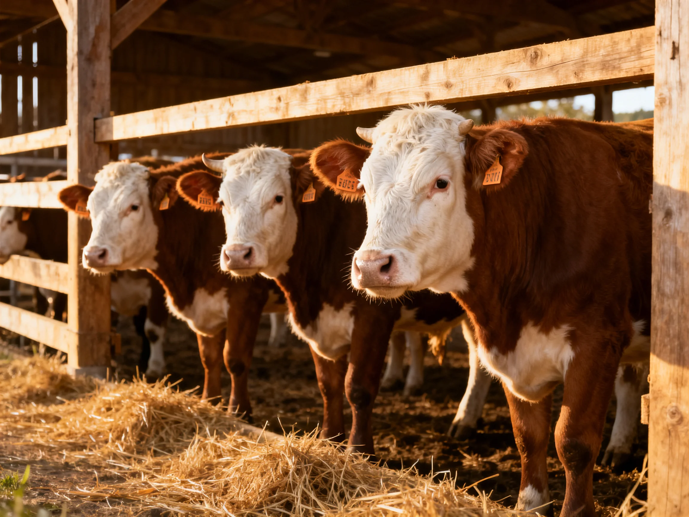 Four brown-and-white cattle near wooden farm fencing with hay