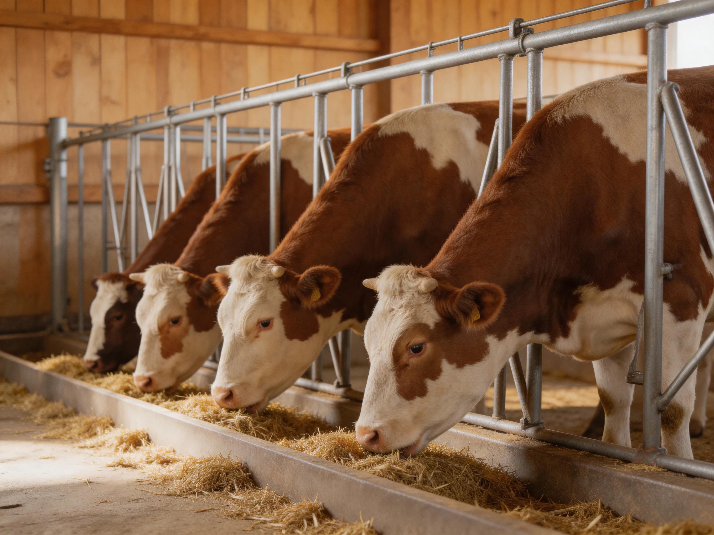 Four brown-and-white cows eat hay from a metal trough in a barn