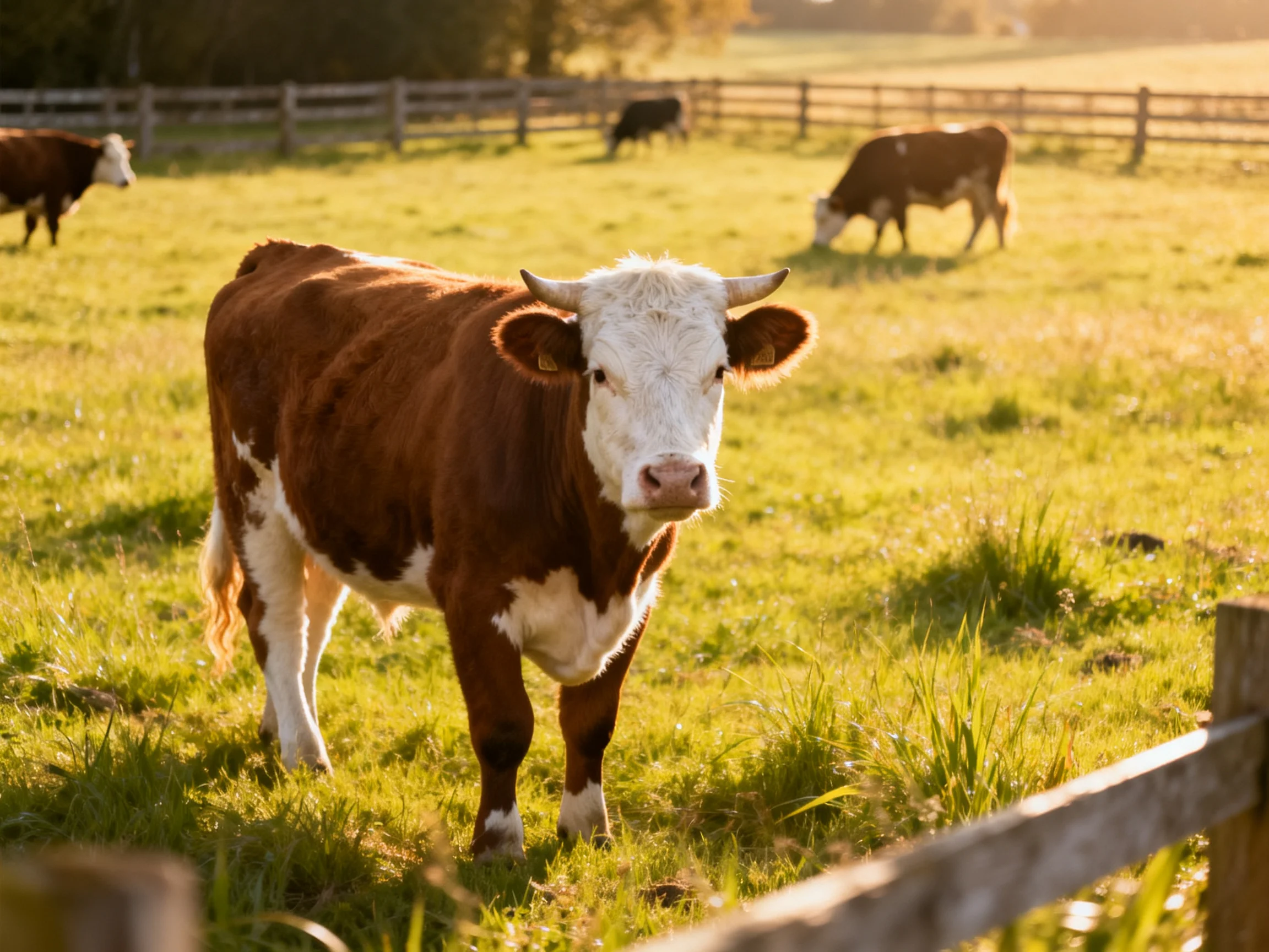 Four brown and white cows graze in a sunlit green pasture