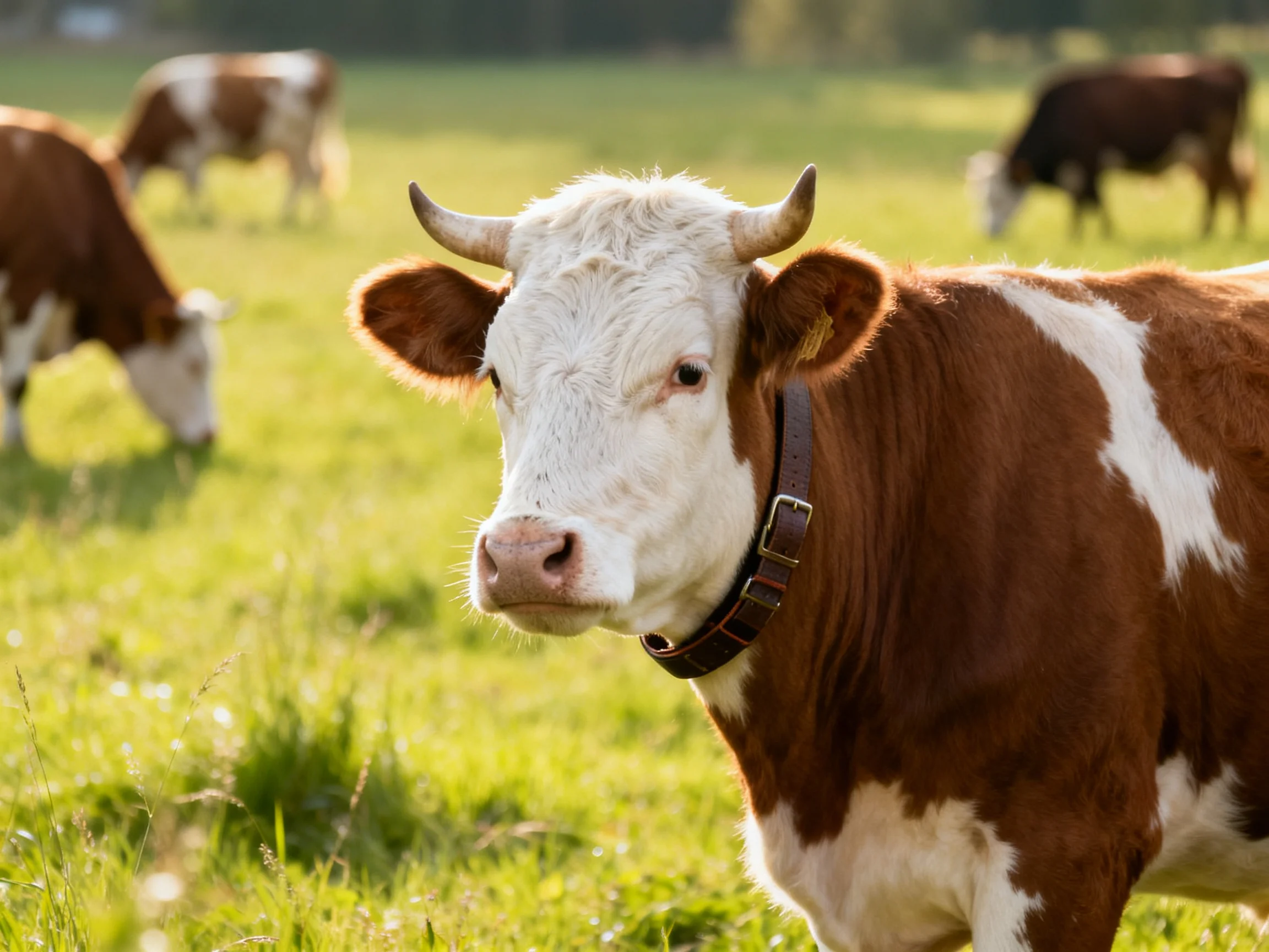 Four brown and white cows graze in a sunlit green pasture