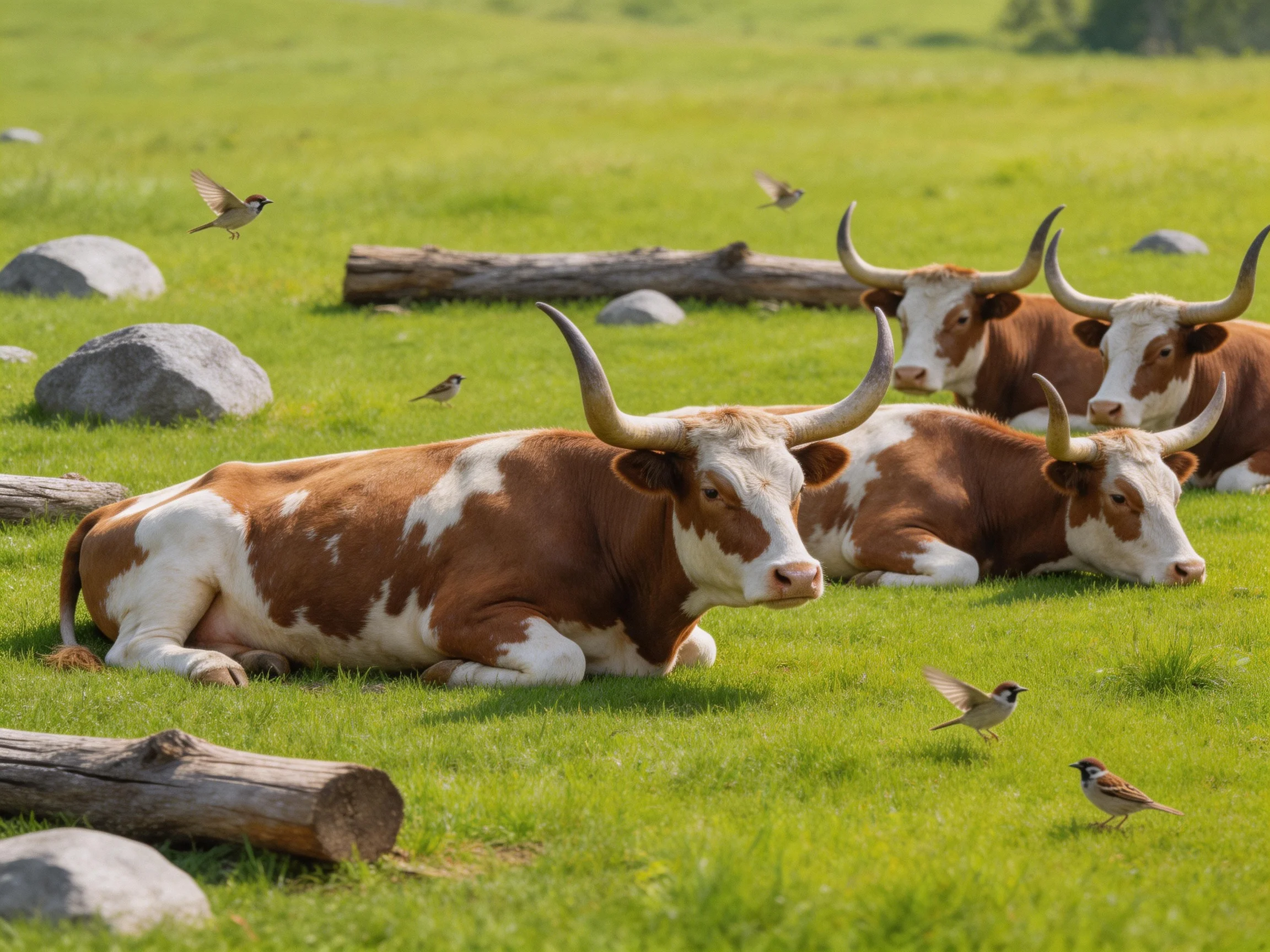 Four brown-and-white longhorn cattle rest amid birds and logs in a verdant meadow
