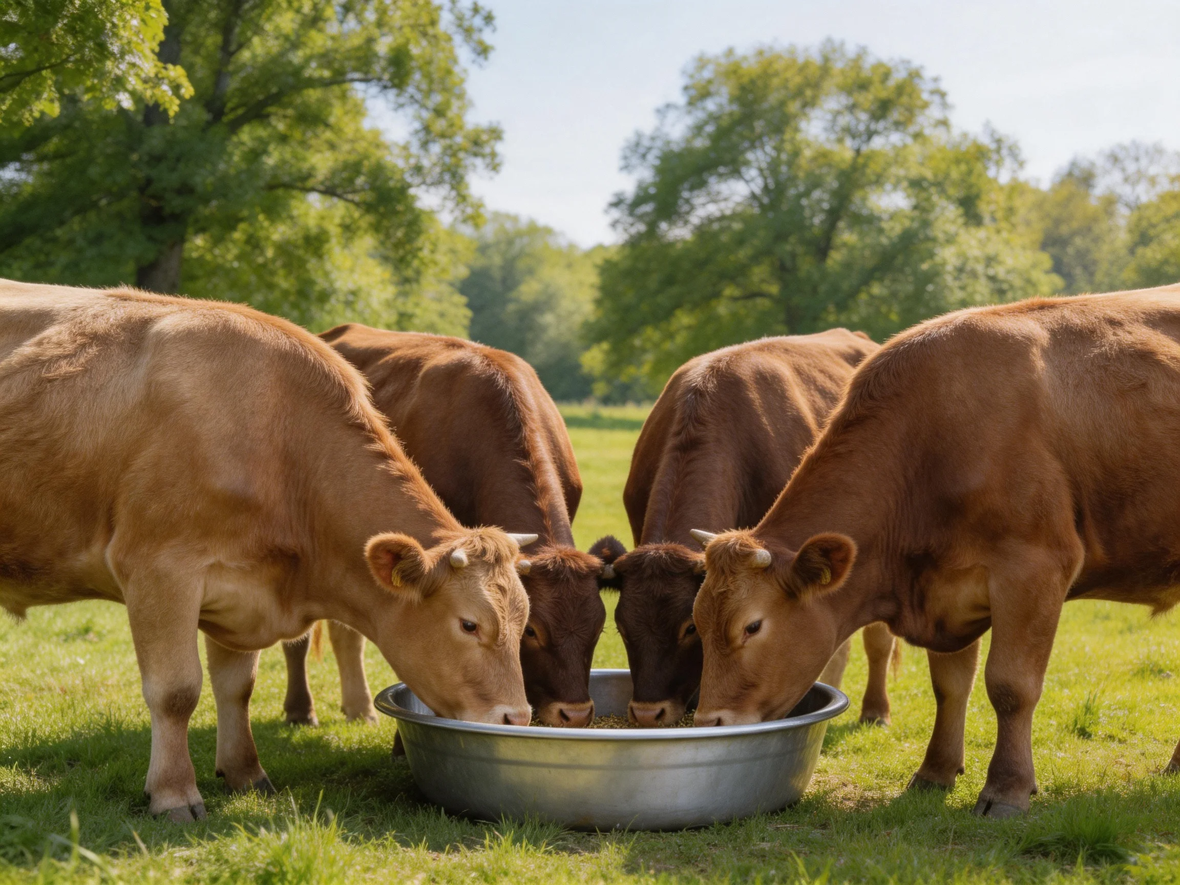 Four brown cows and one dark cow eat from a metal bowl in a sunlit meadow.