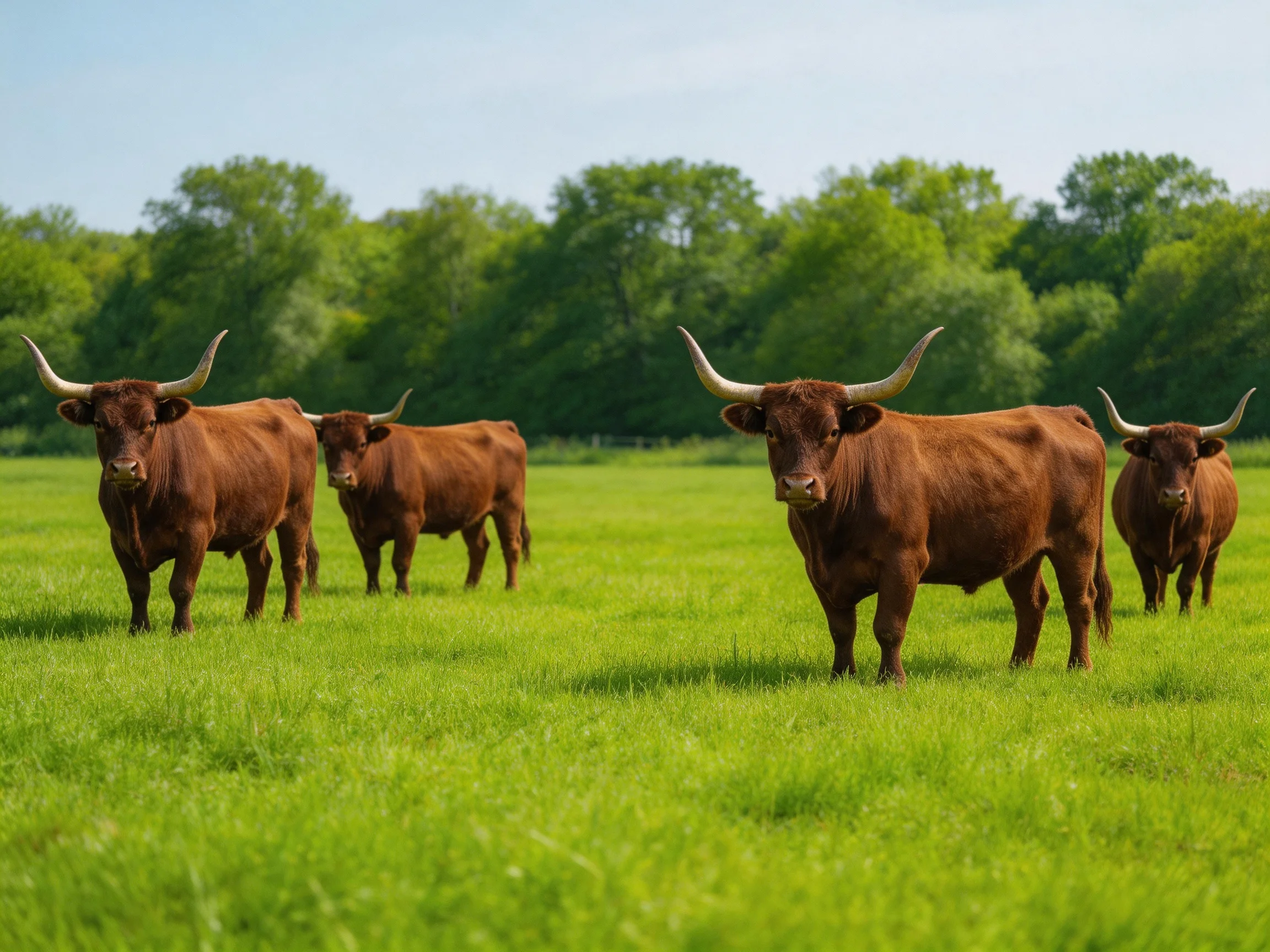 Four brown longhorn cattle graze in a lush green pasture