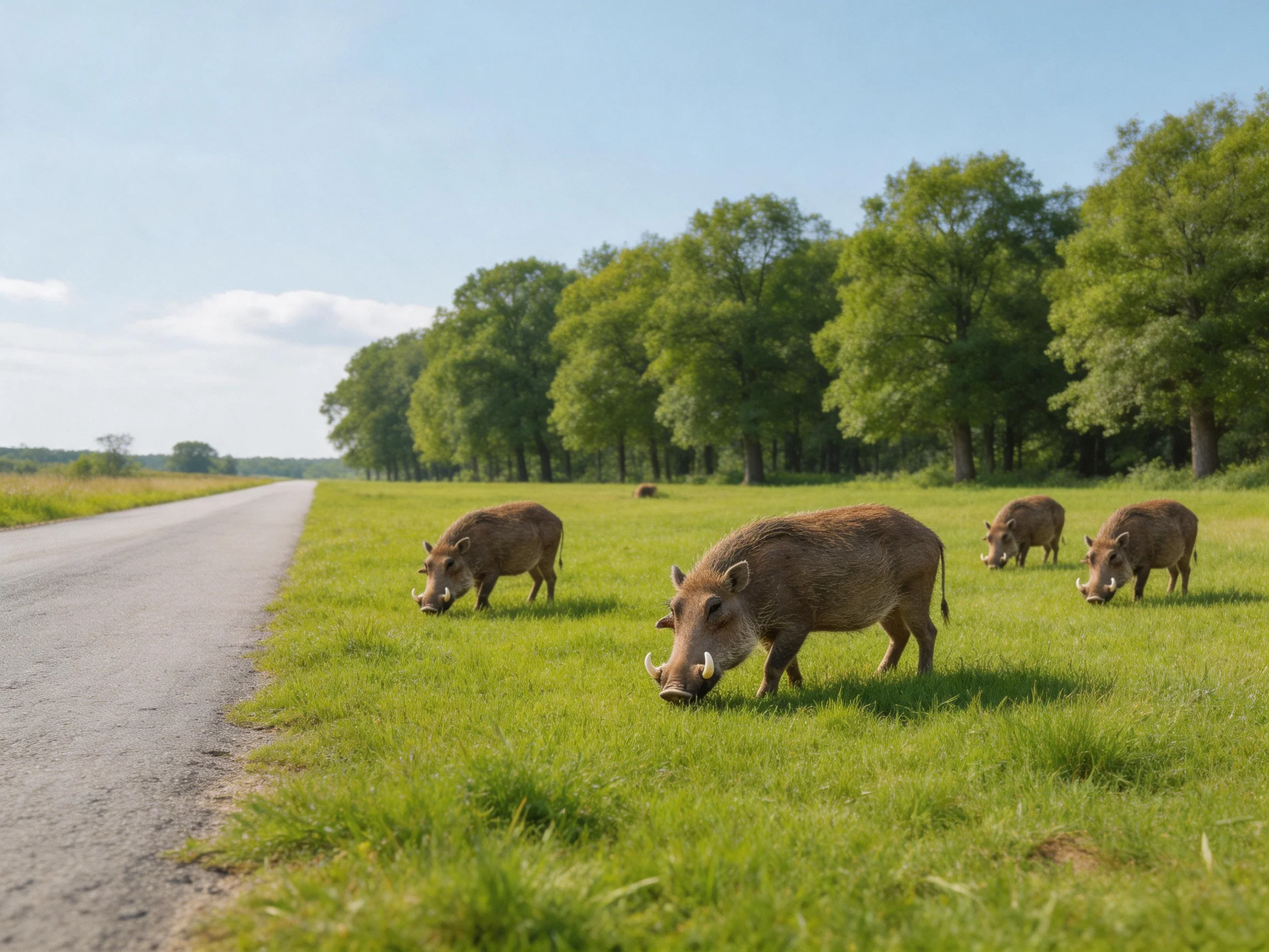 Four brown wild boars graze near a paved road with lush greenery