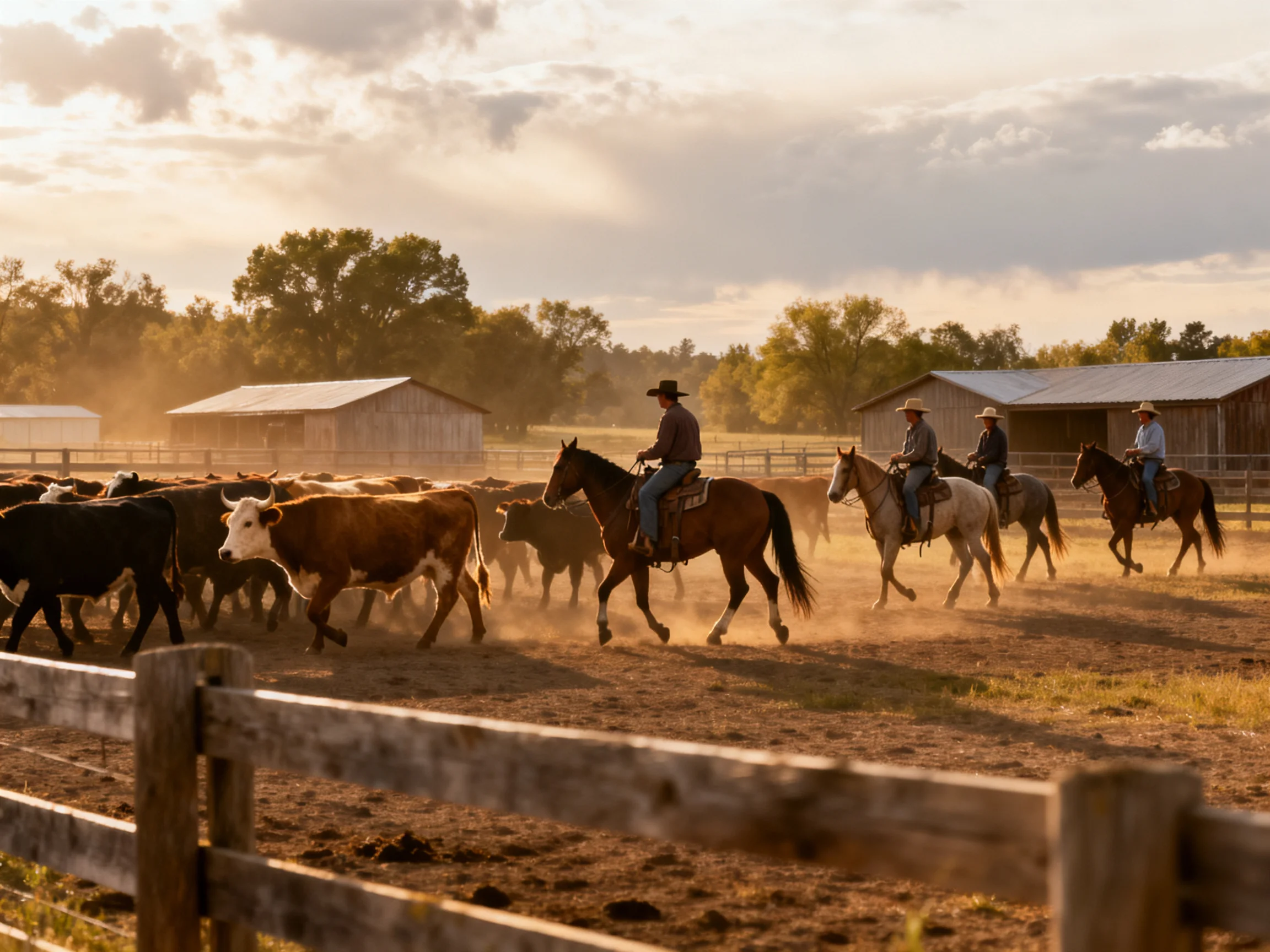 Four cowboys on horses herding cattle near rustic barns at sunset
