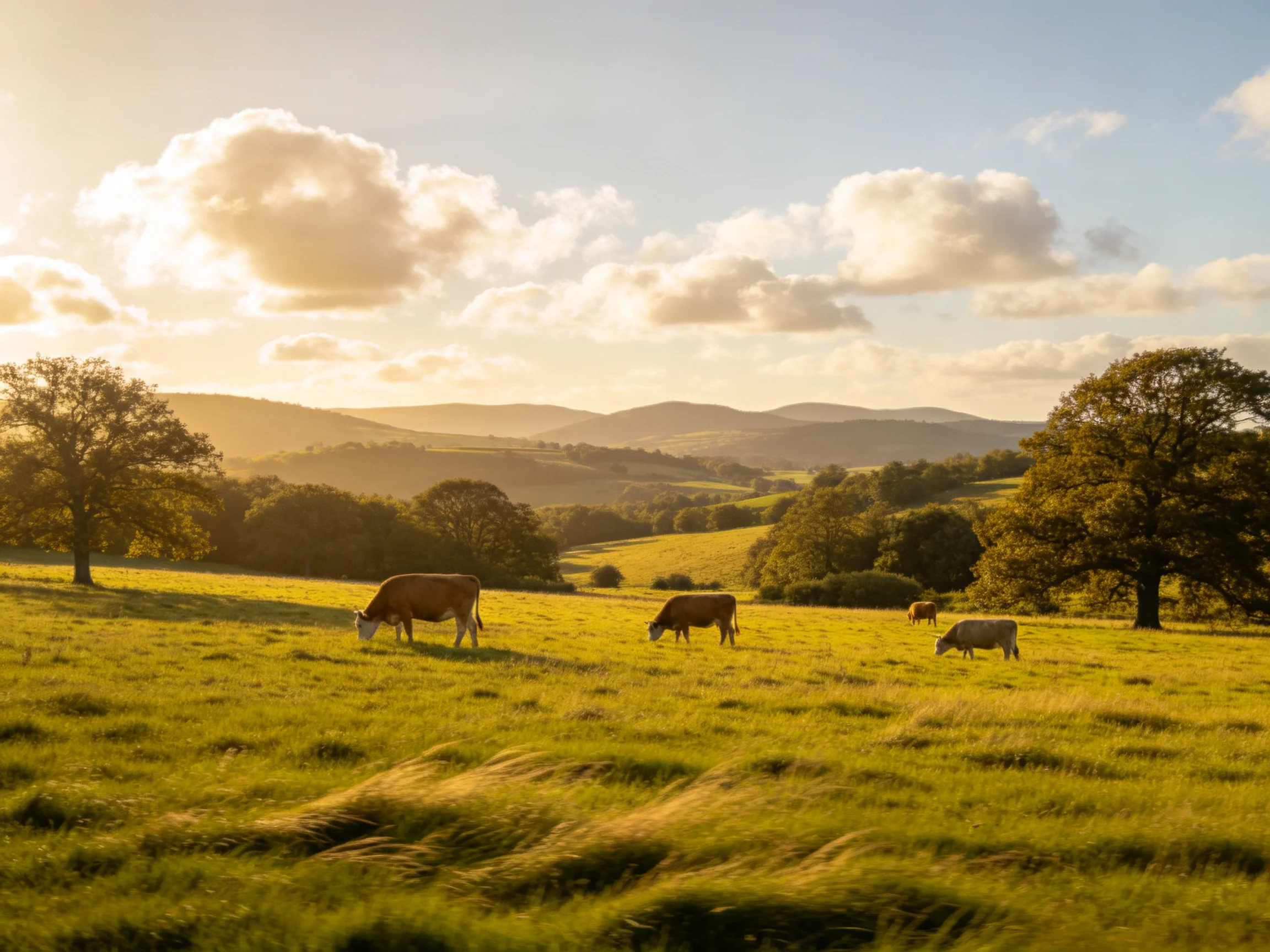 Four cows graze in a golden-lit green pasture near rolling hills