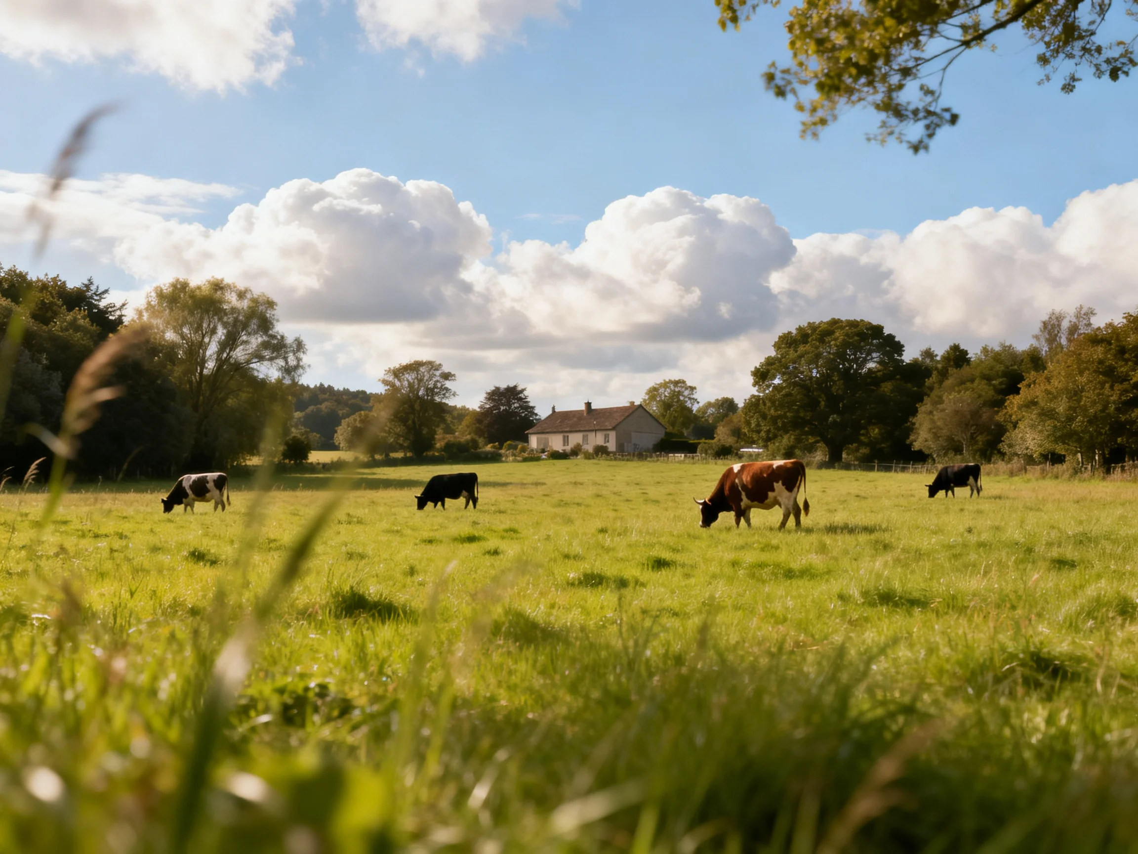 Four cows graze in a lush green pasture near a white farmhouse