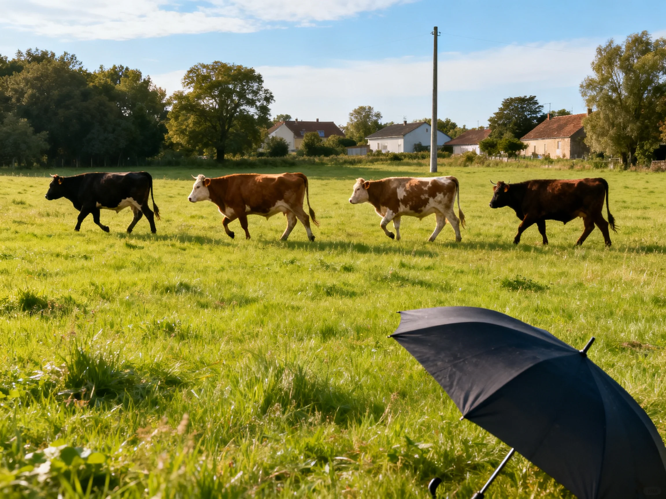 Four cows of varied colors traverse a green pasture near an umbrella