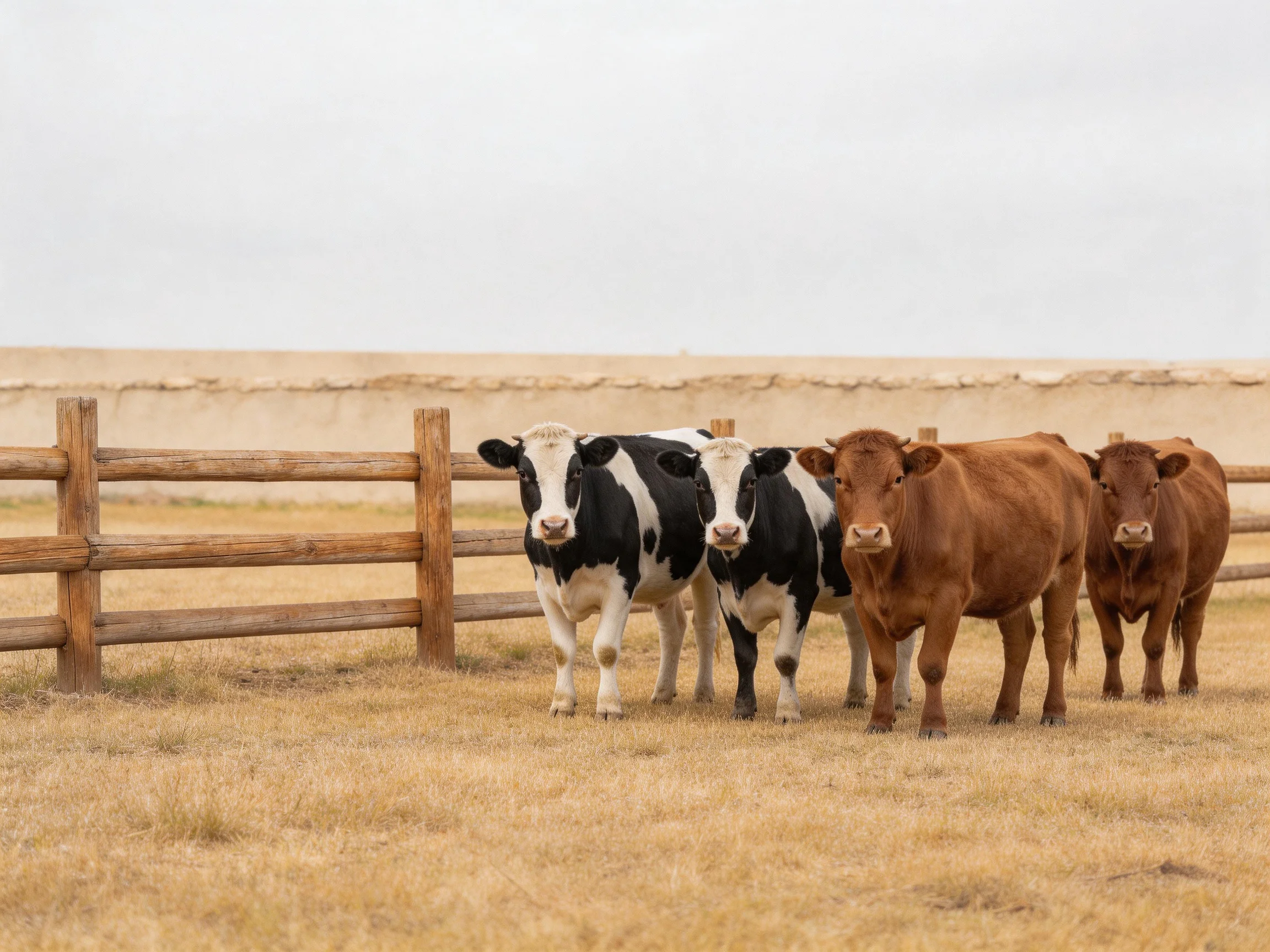 Four cows gather near a wooden fence in an open field