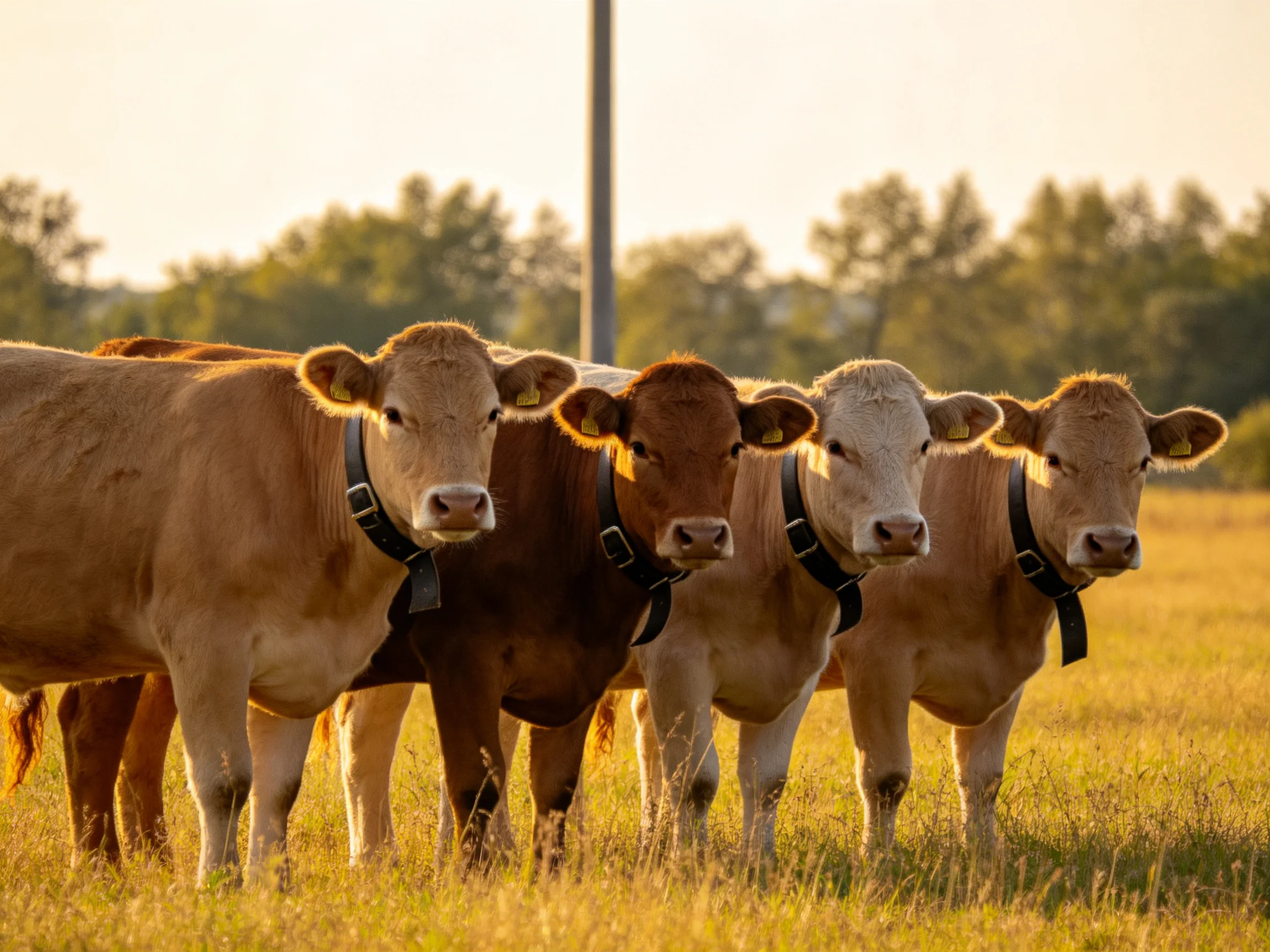 Four cows stand together in a sunlit pasture.