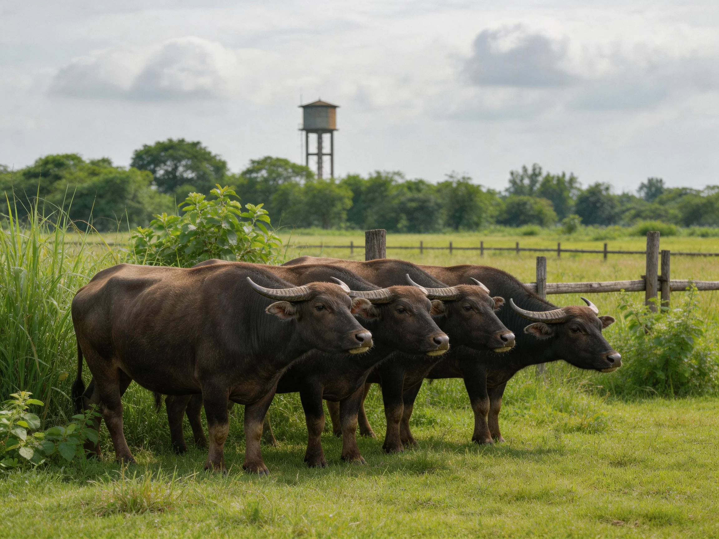 Four dark brown buffaloes gather near lush green grass beside a wooden fence