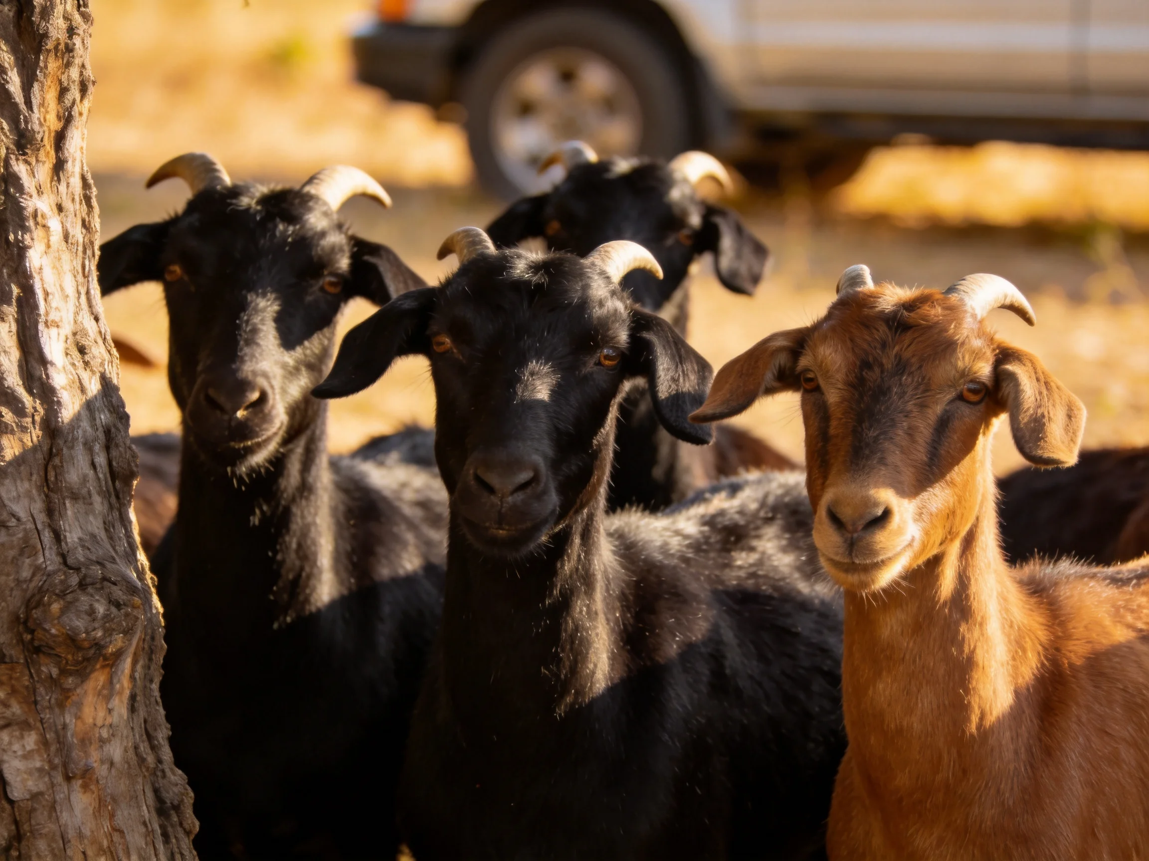 Four goats of black and brown hues gather near a tree with a vehicle in the background