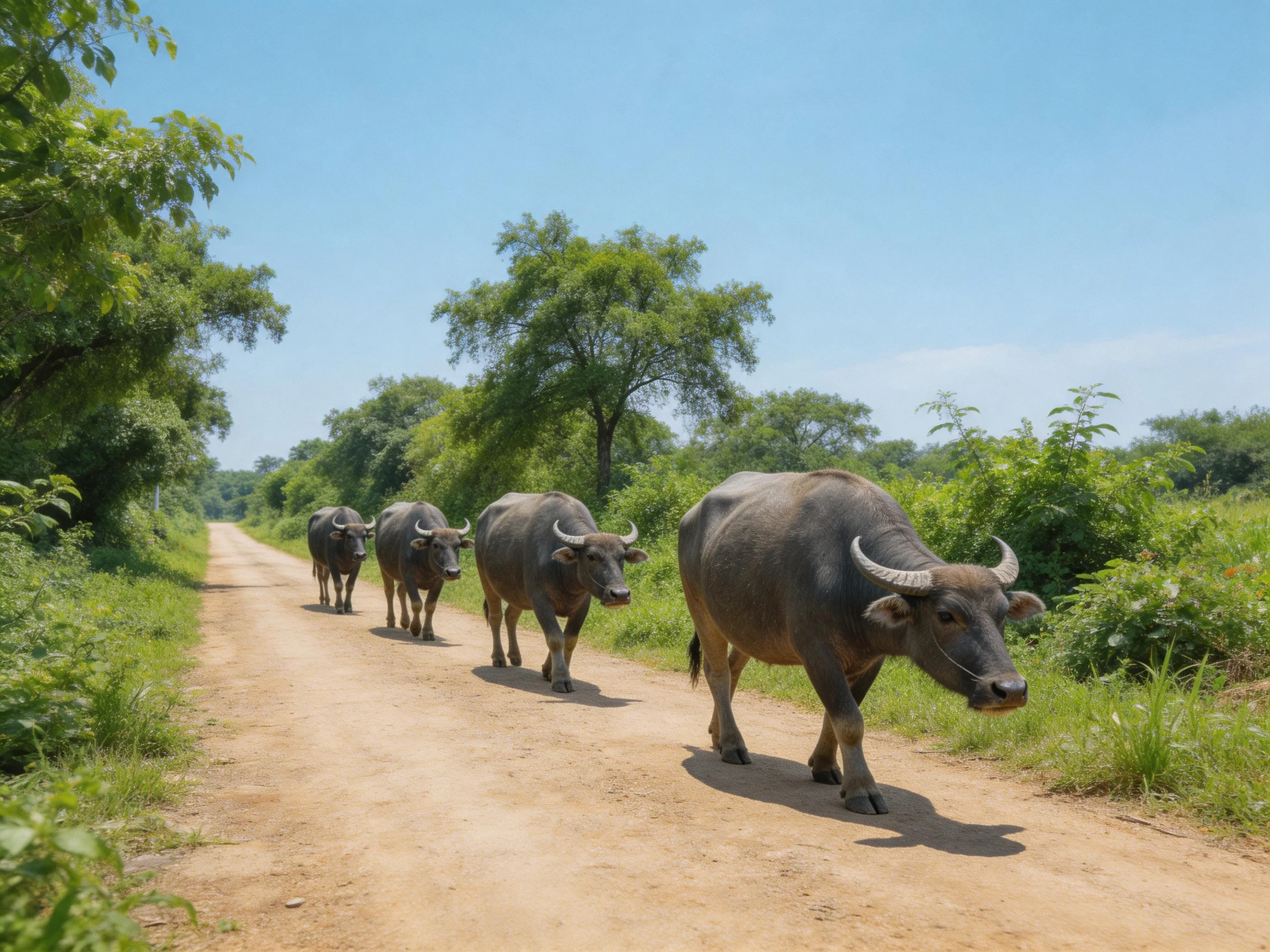 Four gray water buffaloes walk along a dusty rural dirt road surrounded by greenery