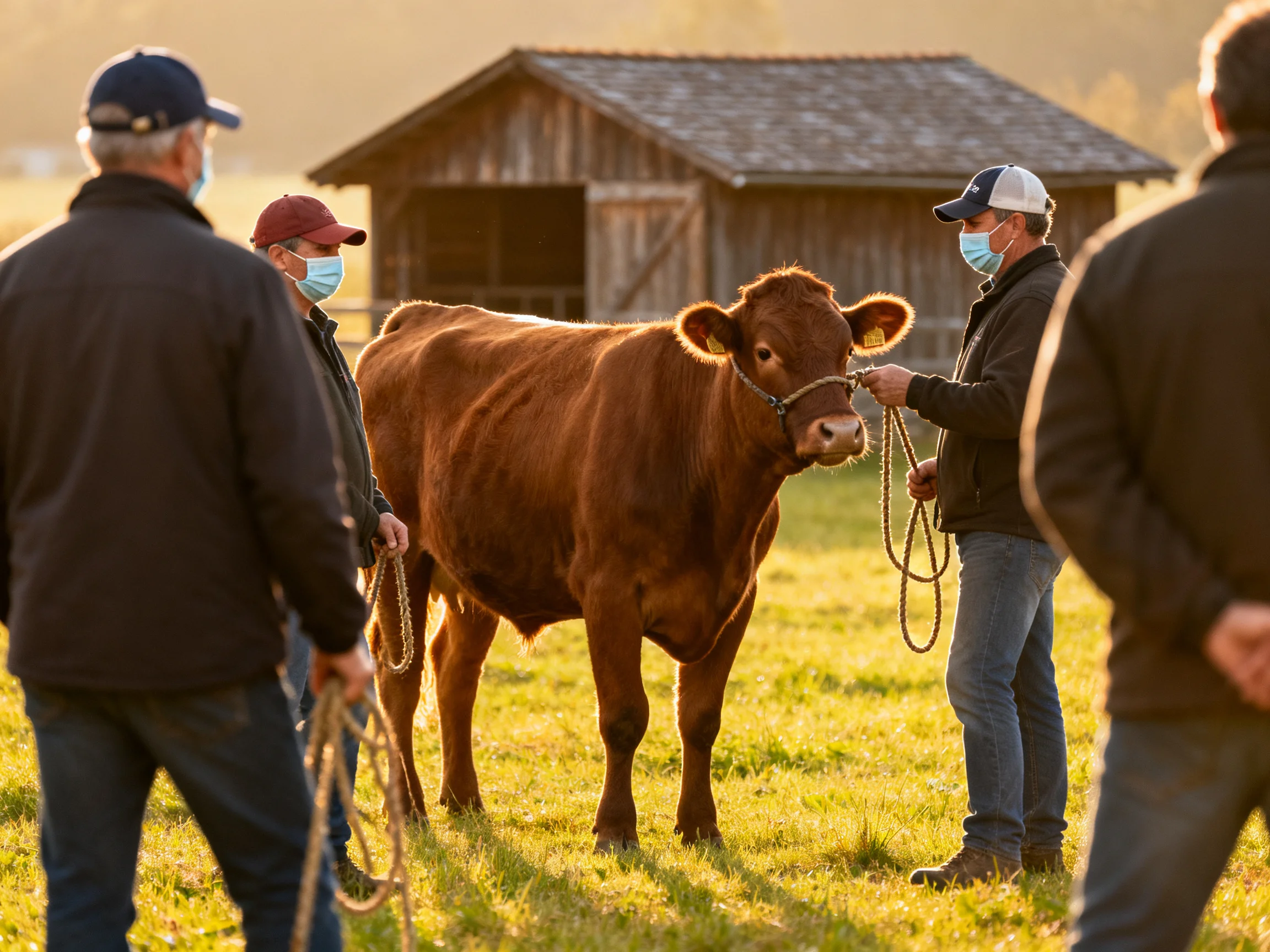 Four masked individuals interact with a brown cow near an old wooden barn