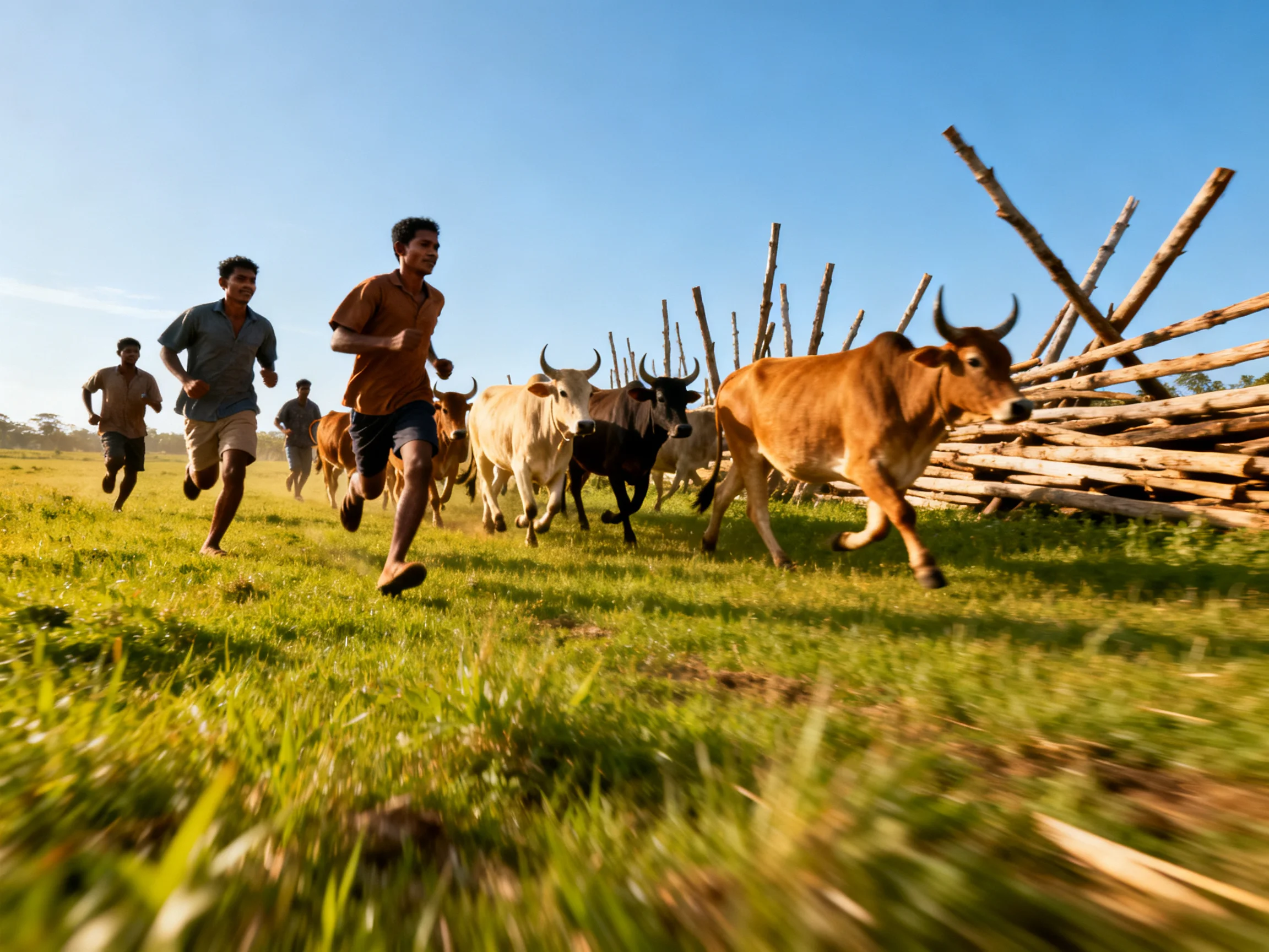 Four men herding brown and black cattle near wooden fence under sunny sky