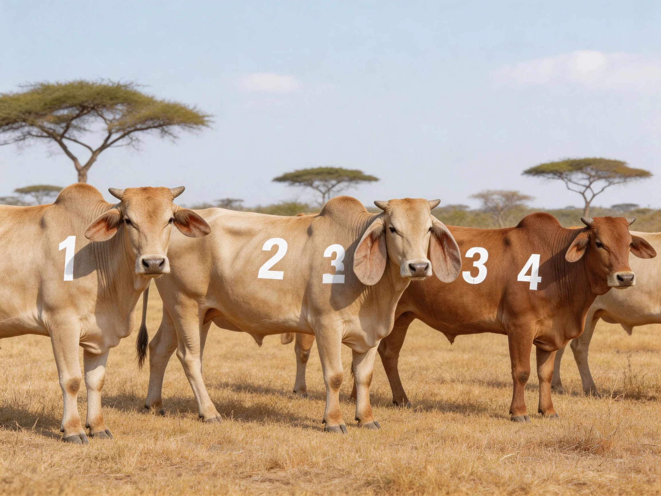Four numbered cows in a dry savannah landscape with acacia trees