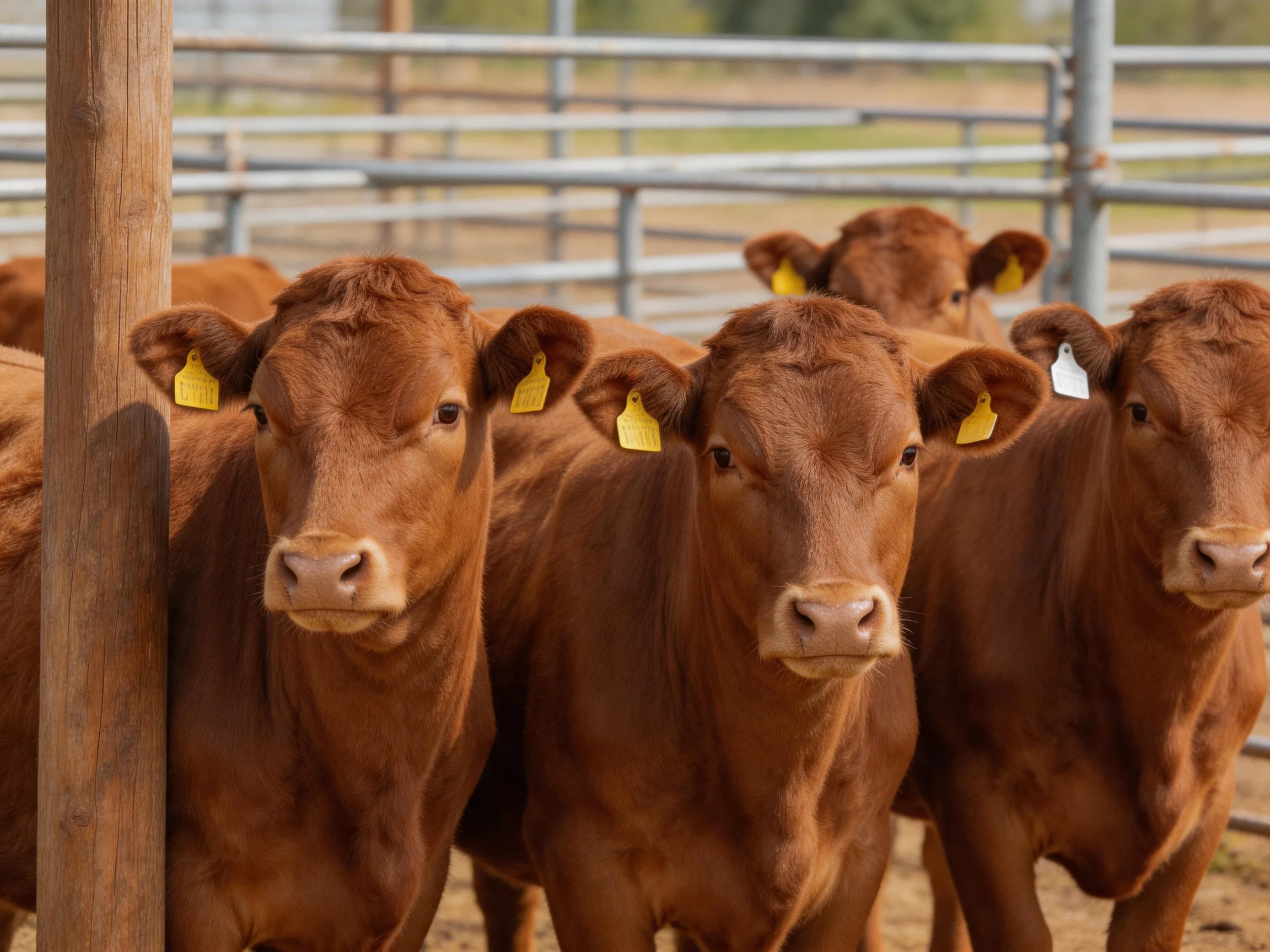 Four reddish-brown calves with yellow ear tags gathered near a wooden post