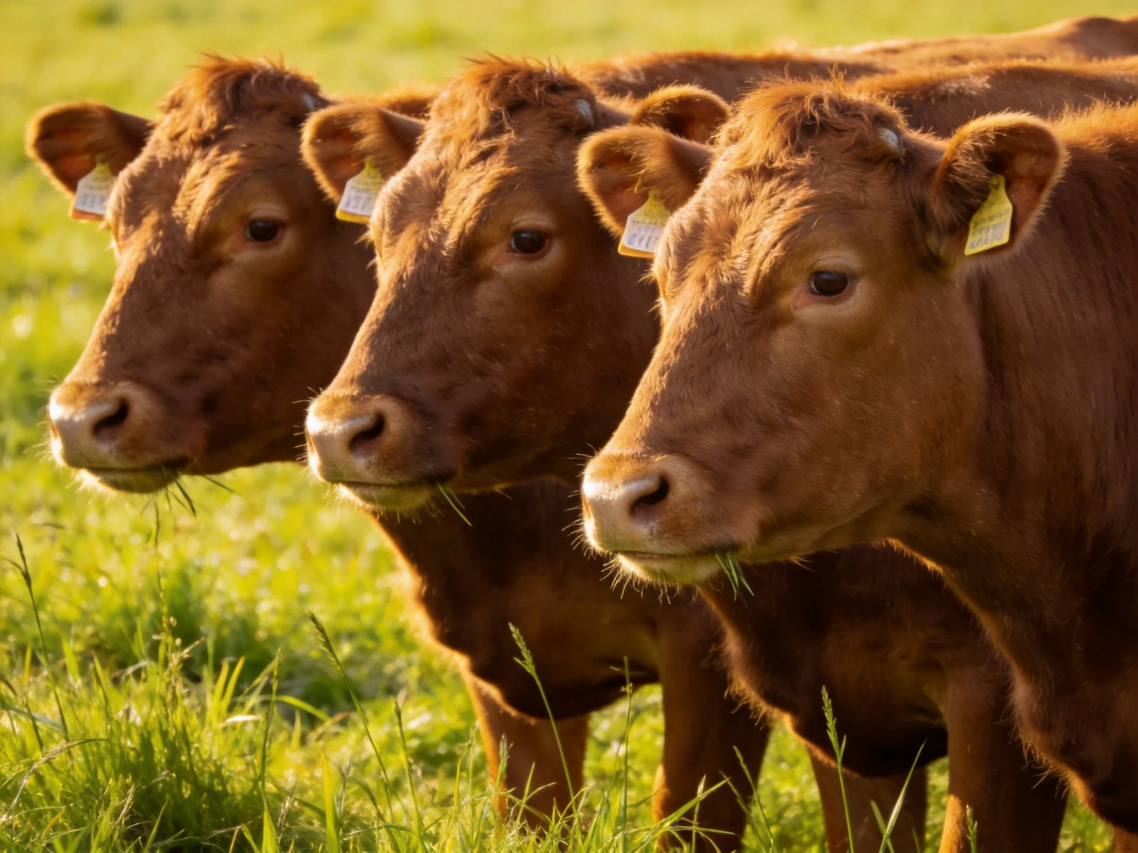 Four reddish-brown cows gather in a sunlit meadow