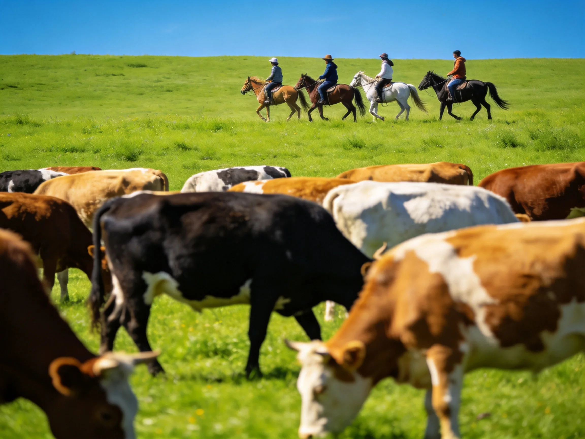 Four riders on horses ride through a vibrant green pasture with colorful cattle