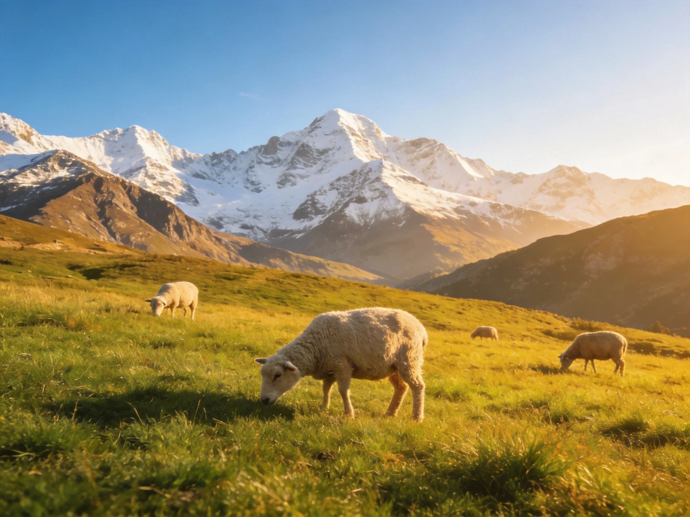 Four sheep graze in a golden meadow near snow - capped peaks