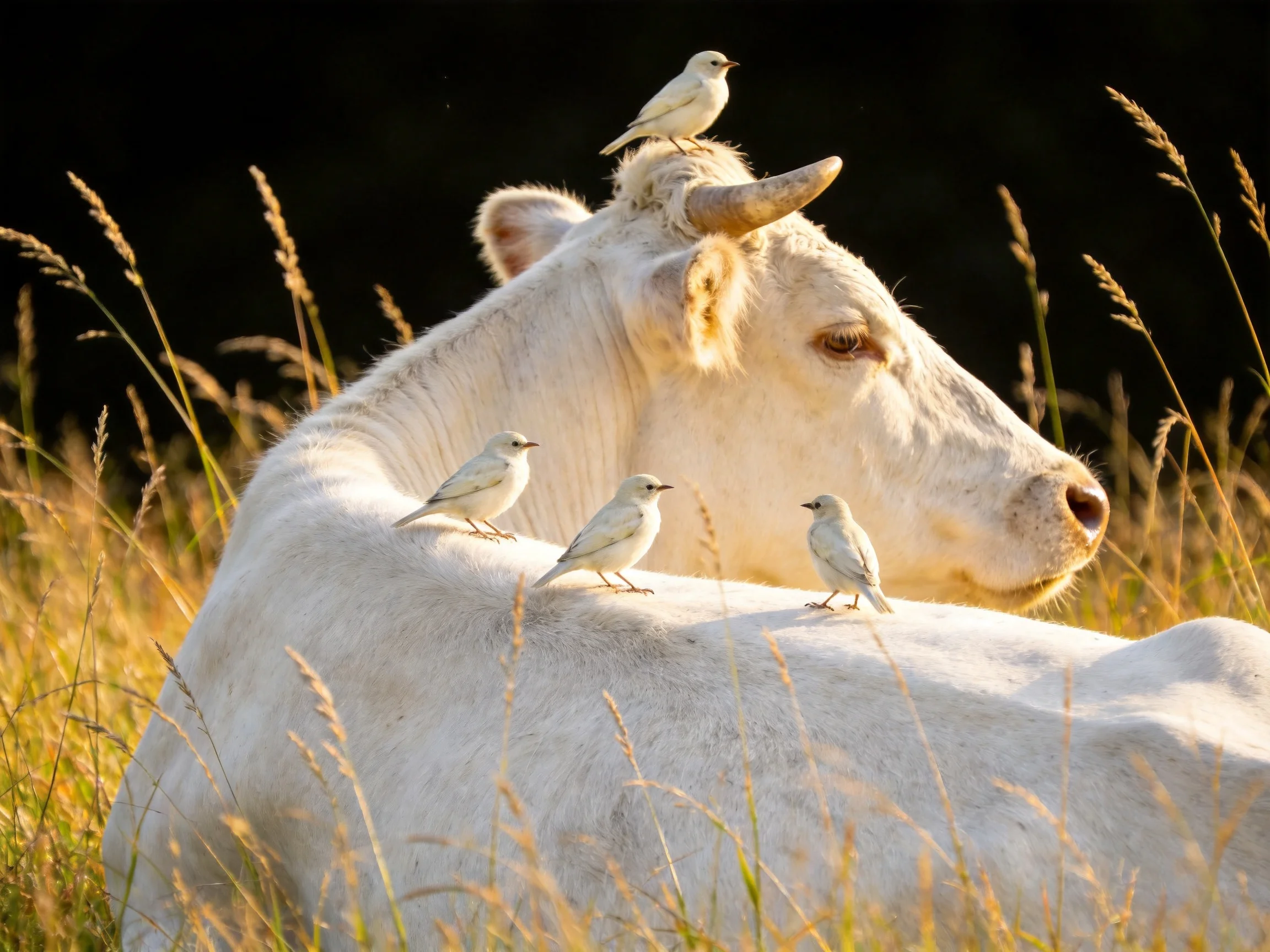 Four small white birds rest on a large white cow amid tall golden grass