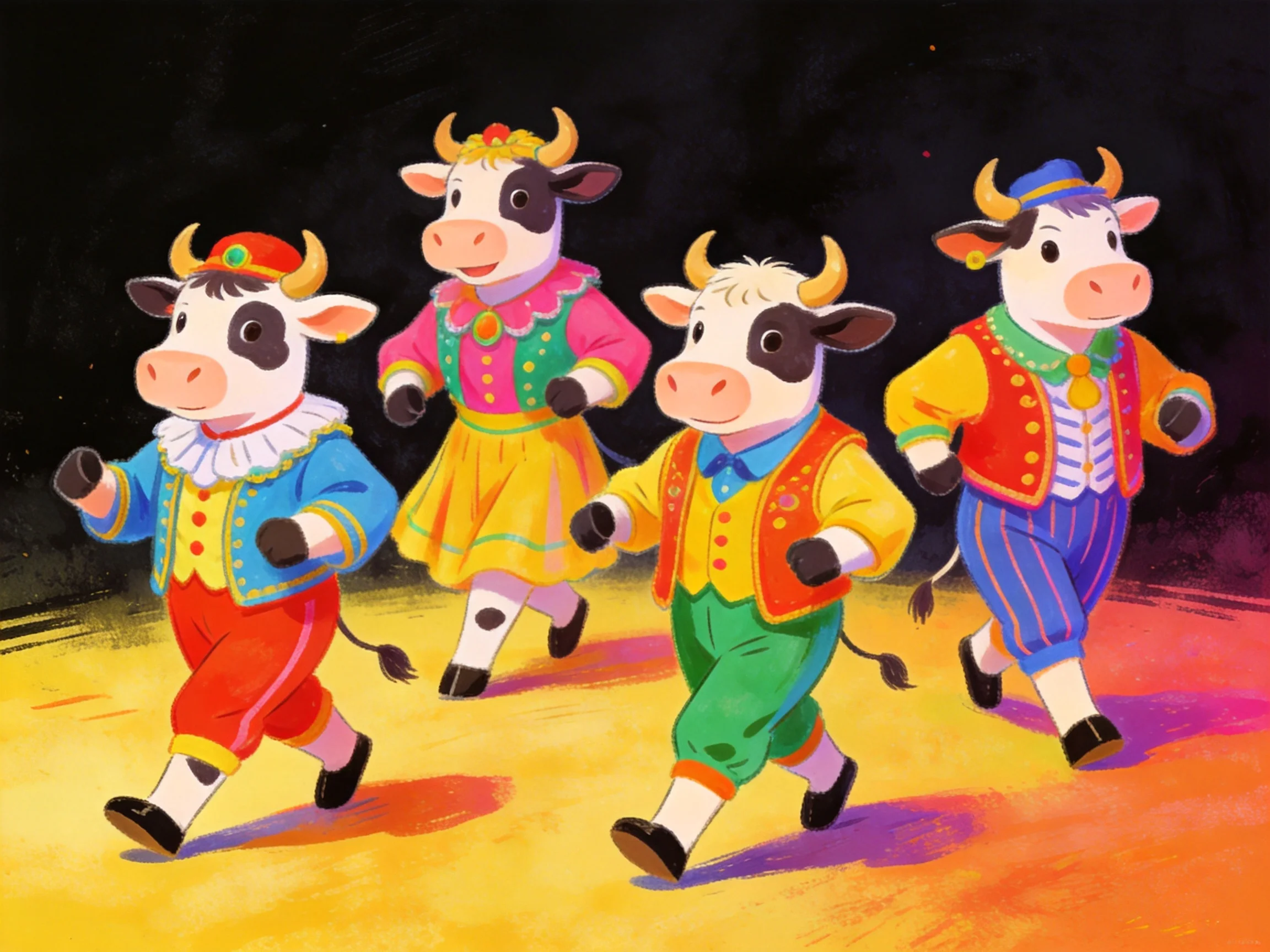Four vibrantly dressed cartoon cows march in a lively formation
