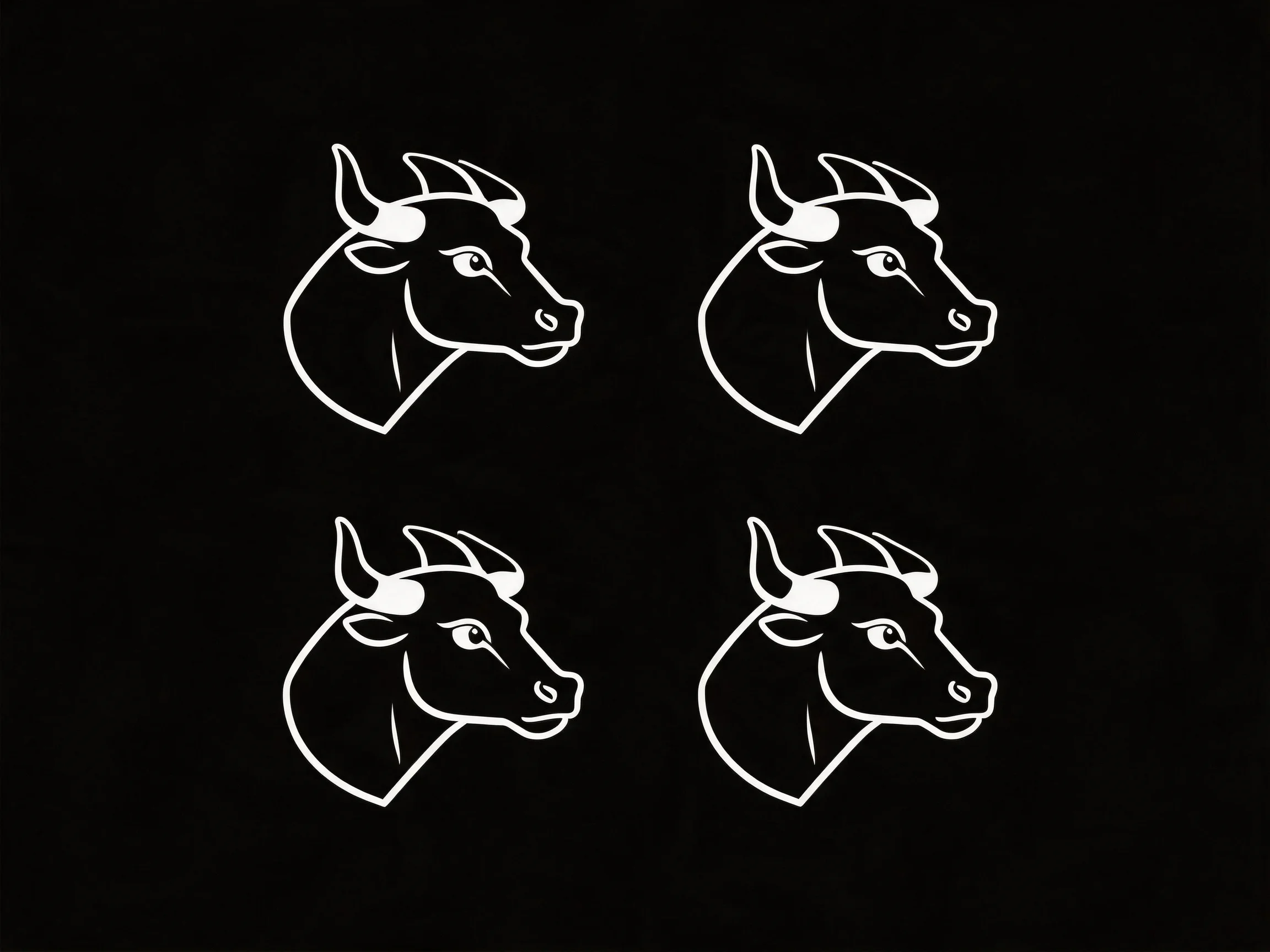 Four white bull head icons arranged in a two-by-two grid on a black background