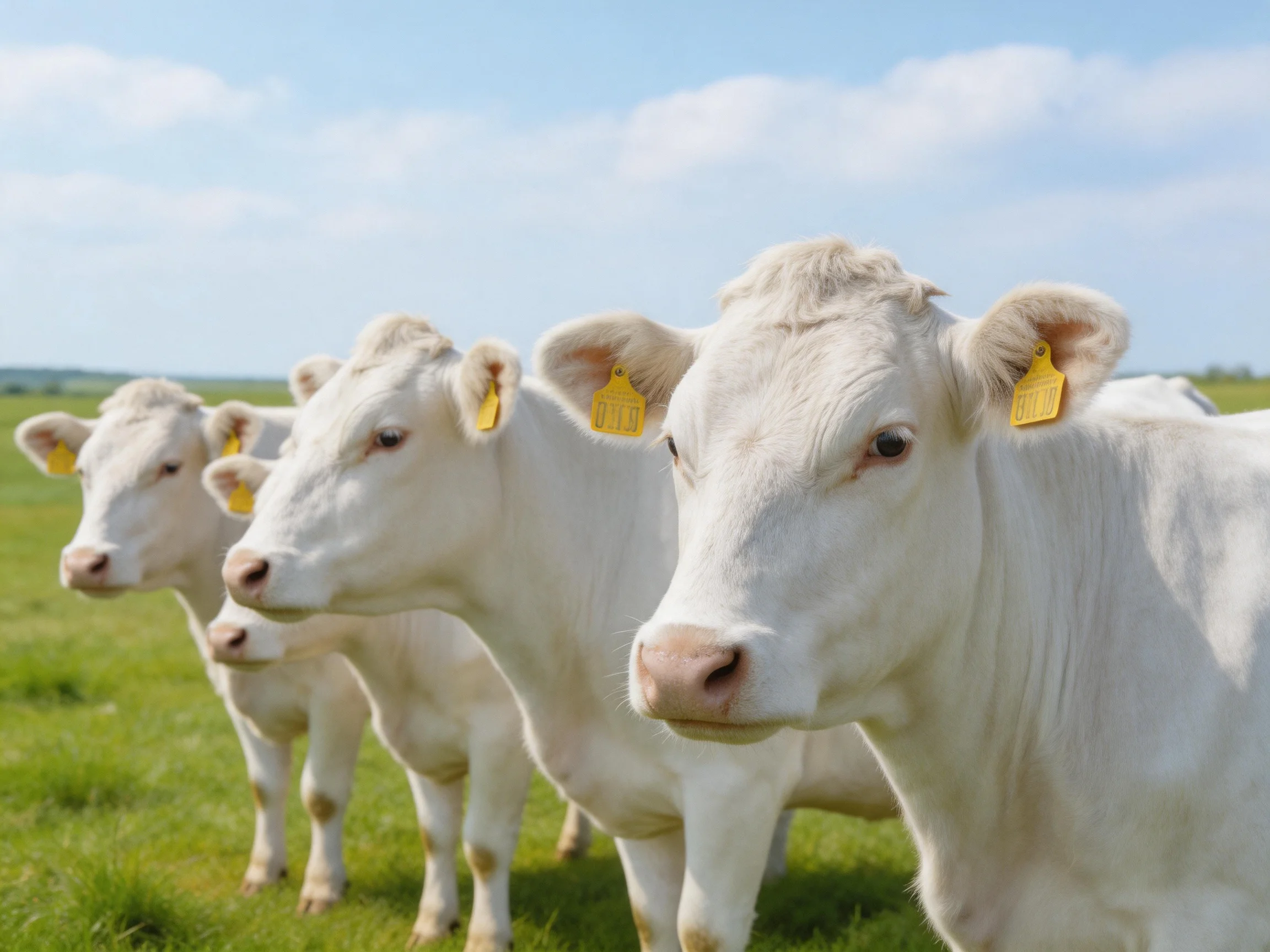 Four white calves with yellow ear tags in a green pasture