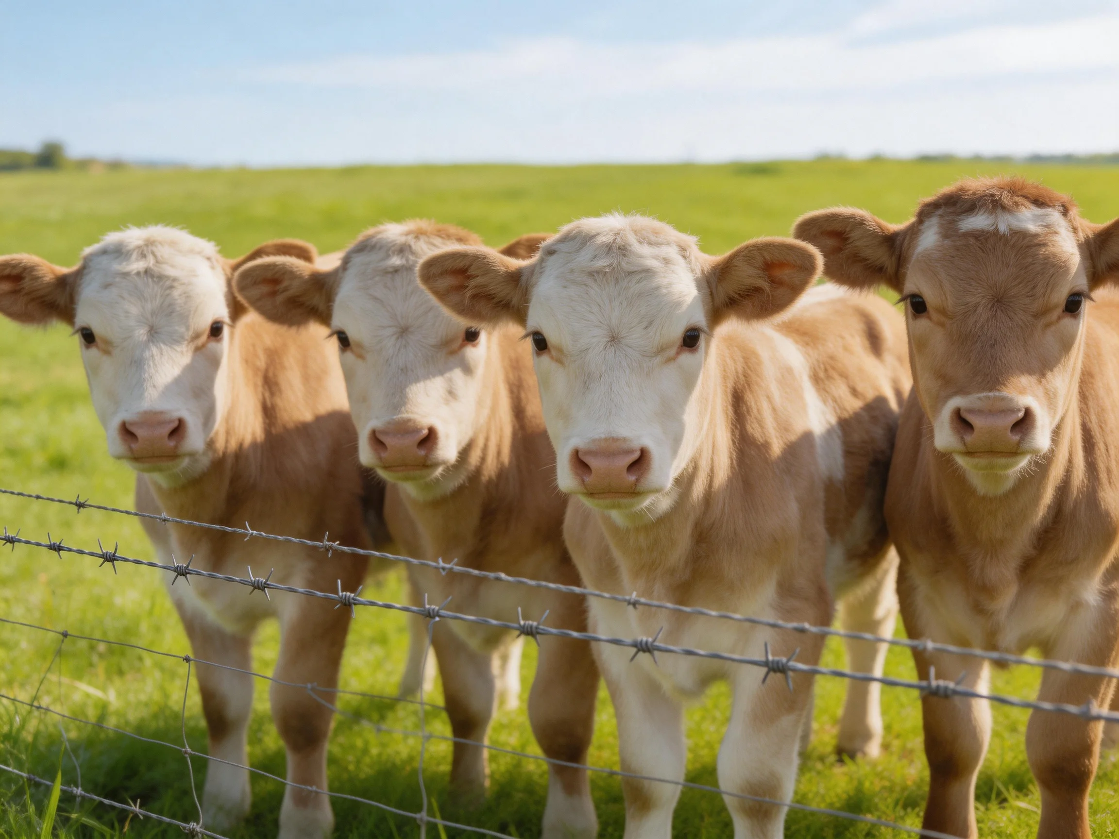 Four young calves with brown and white coats stand by a barbed wire fence in a green pasture