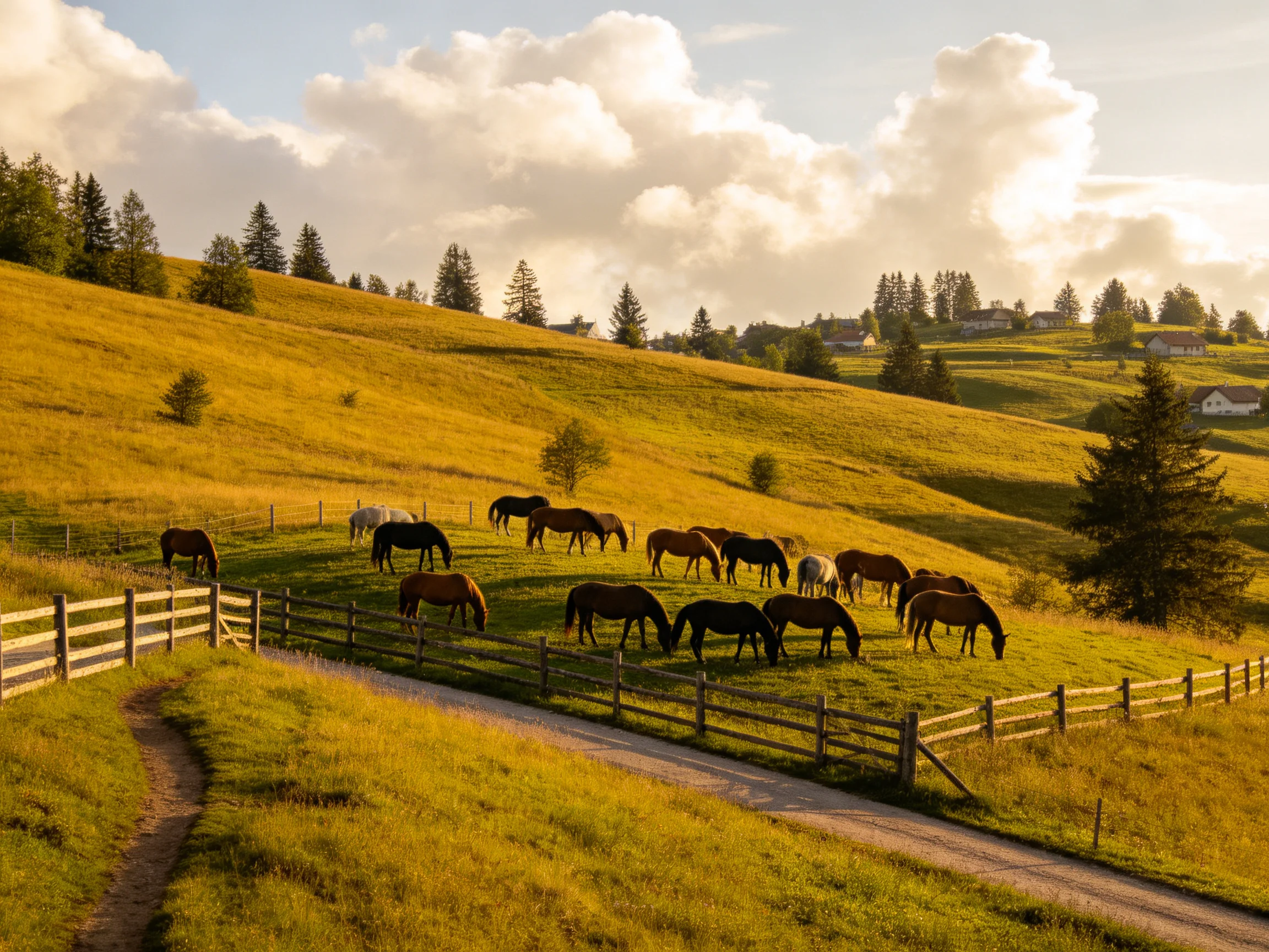 Golden Hillside Pasture with Herd of Horses and Wooden Fence