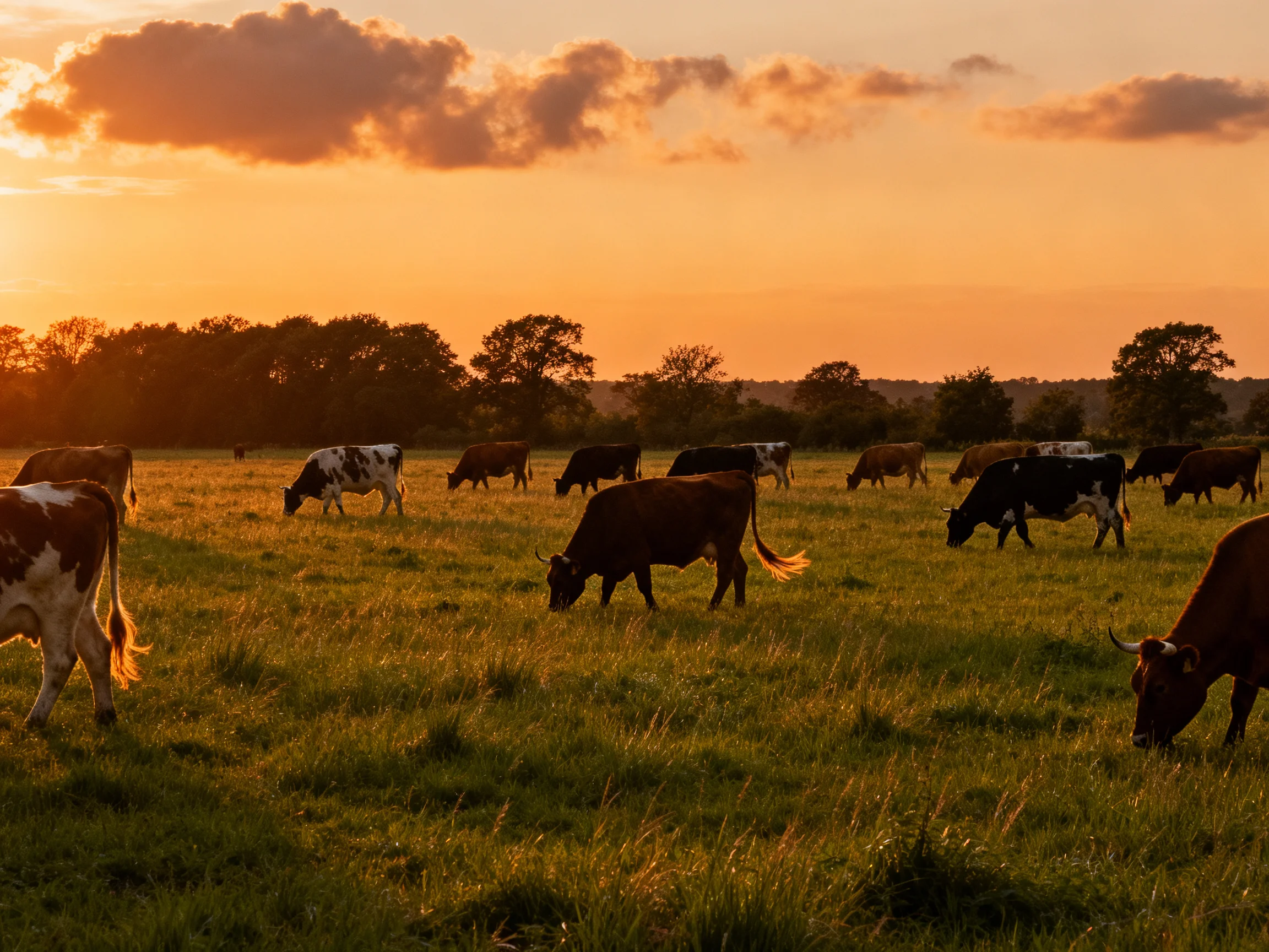 Golden Sunset Lights Diverse Cattle in Lush Meadow