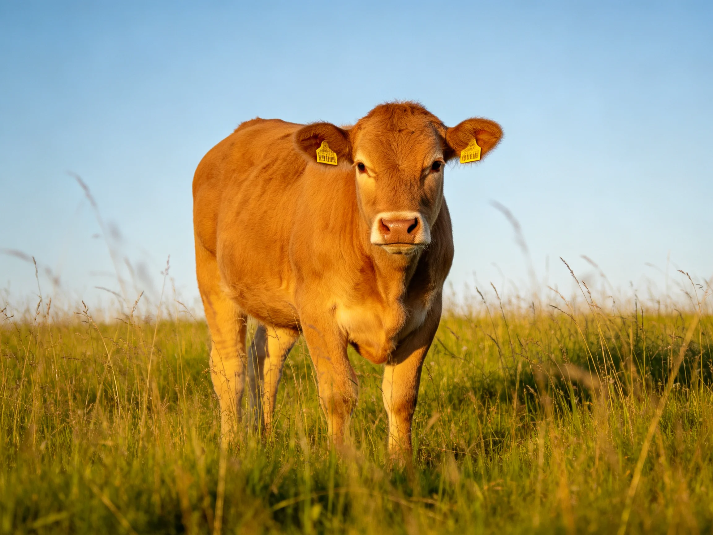 Golden-brown calf standing in sunlit green meadow