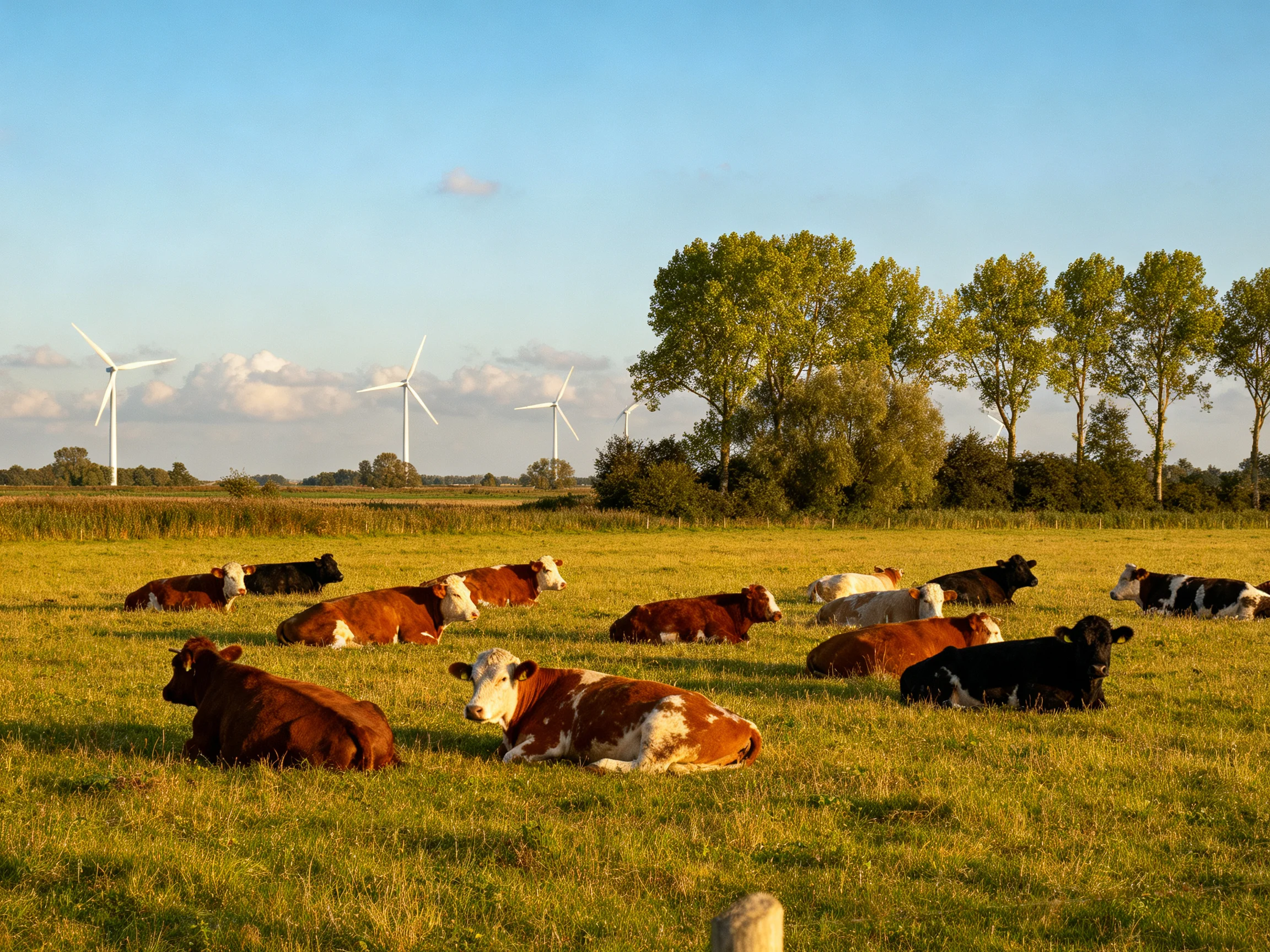 Golden field with brown, black cows, white wind turbines, green trees