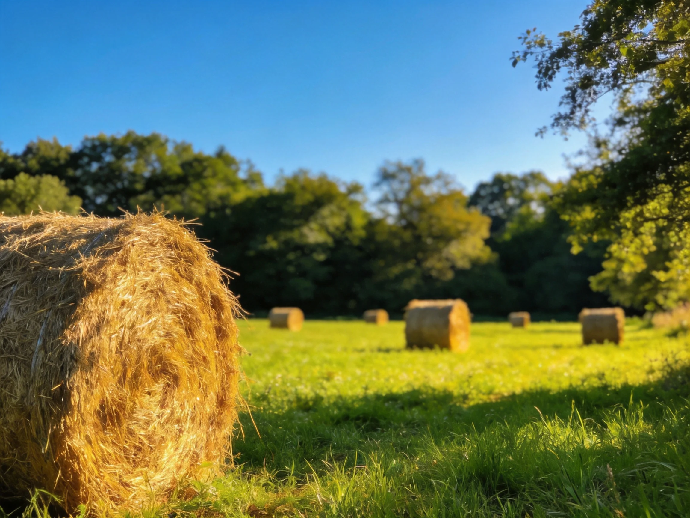 Golden hay bales scattered across a lush green meadow beneath clear blue skies